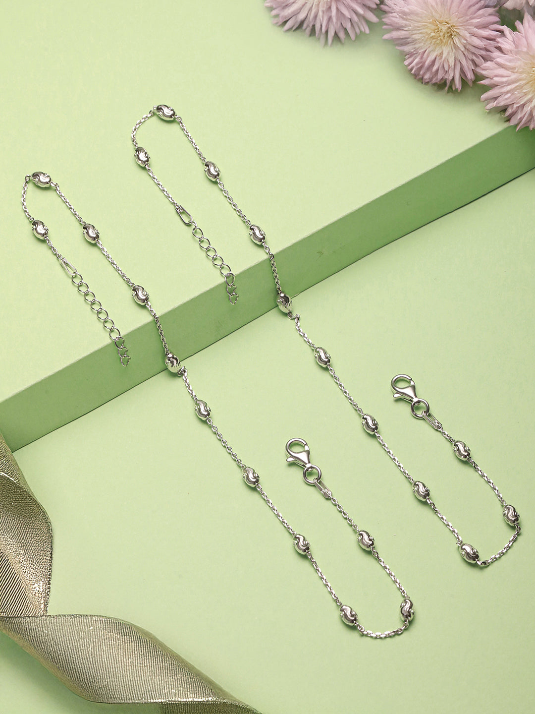 925 Sterling Silver Ball Chain Delicate Designer   Minimal Anklet Pair
