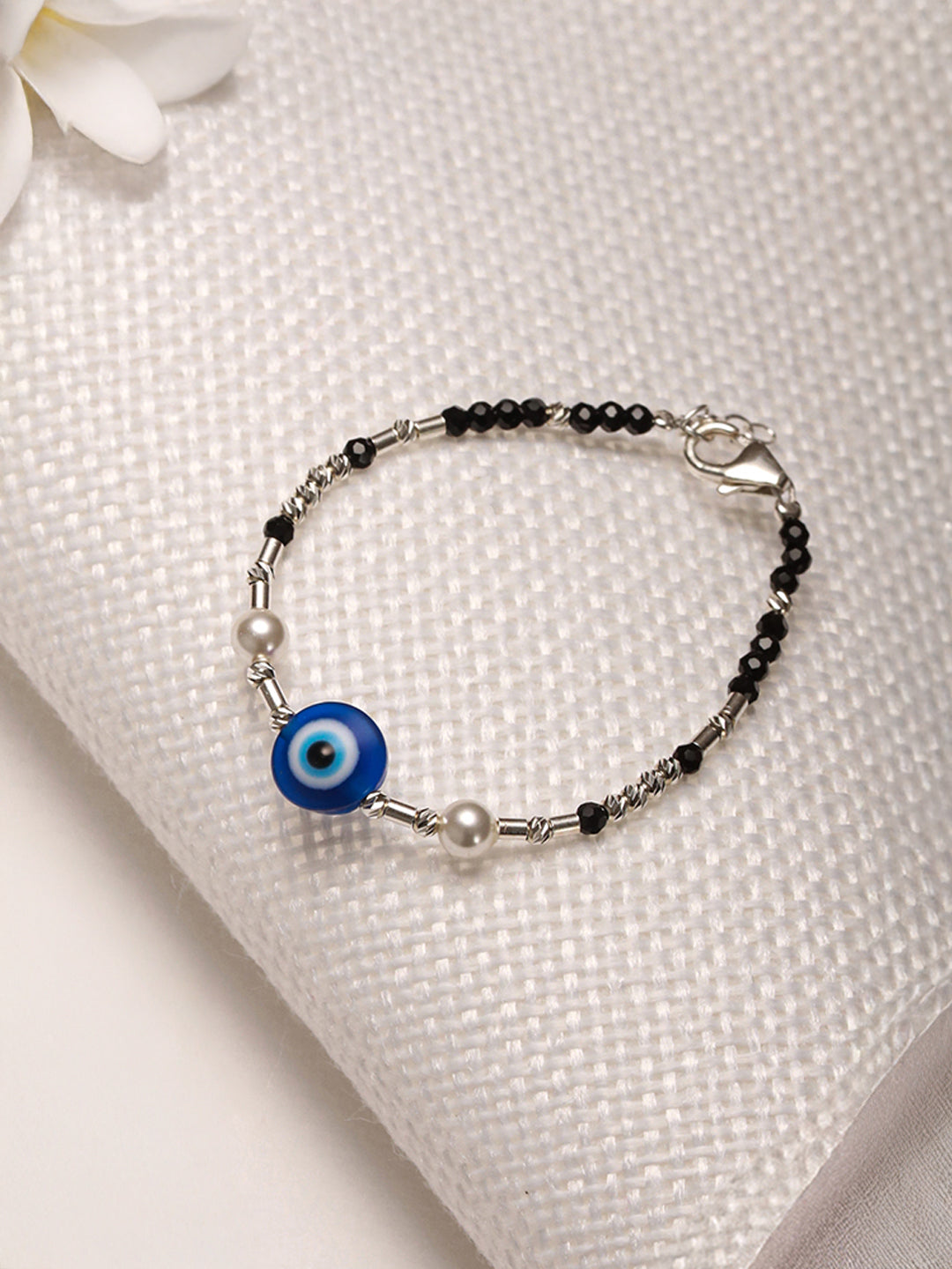 925 Unisex  Evil Eye Baby Nazariya Bracelets With Black & Silver Beads Adjustable Bracelet