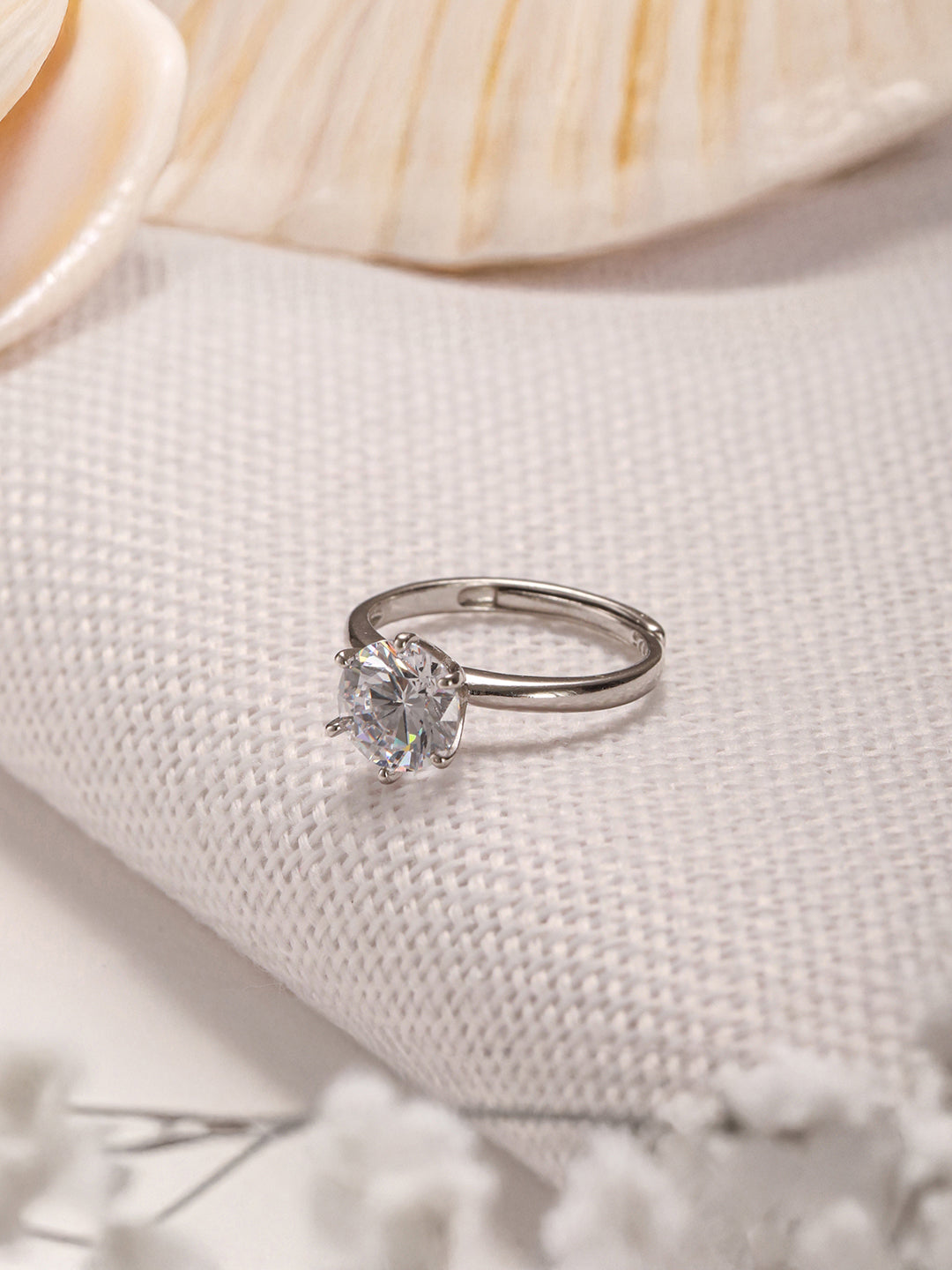 925 Sterling Silver AD Studded Solitaire Engagement Adjustable Finger Ring