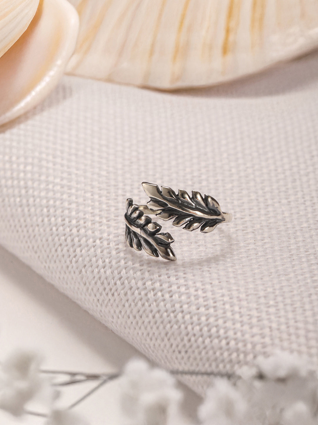 925 Sterling Silver Oxidised Dailywear minimal Leafy Adjustable Finger Ring