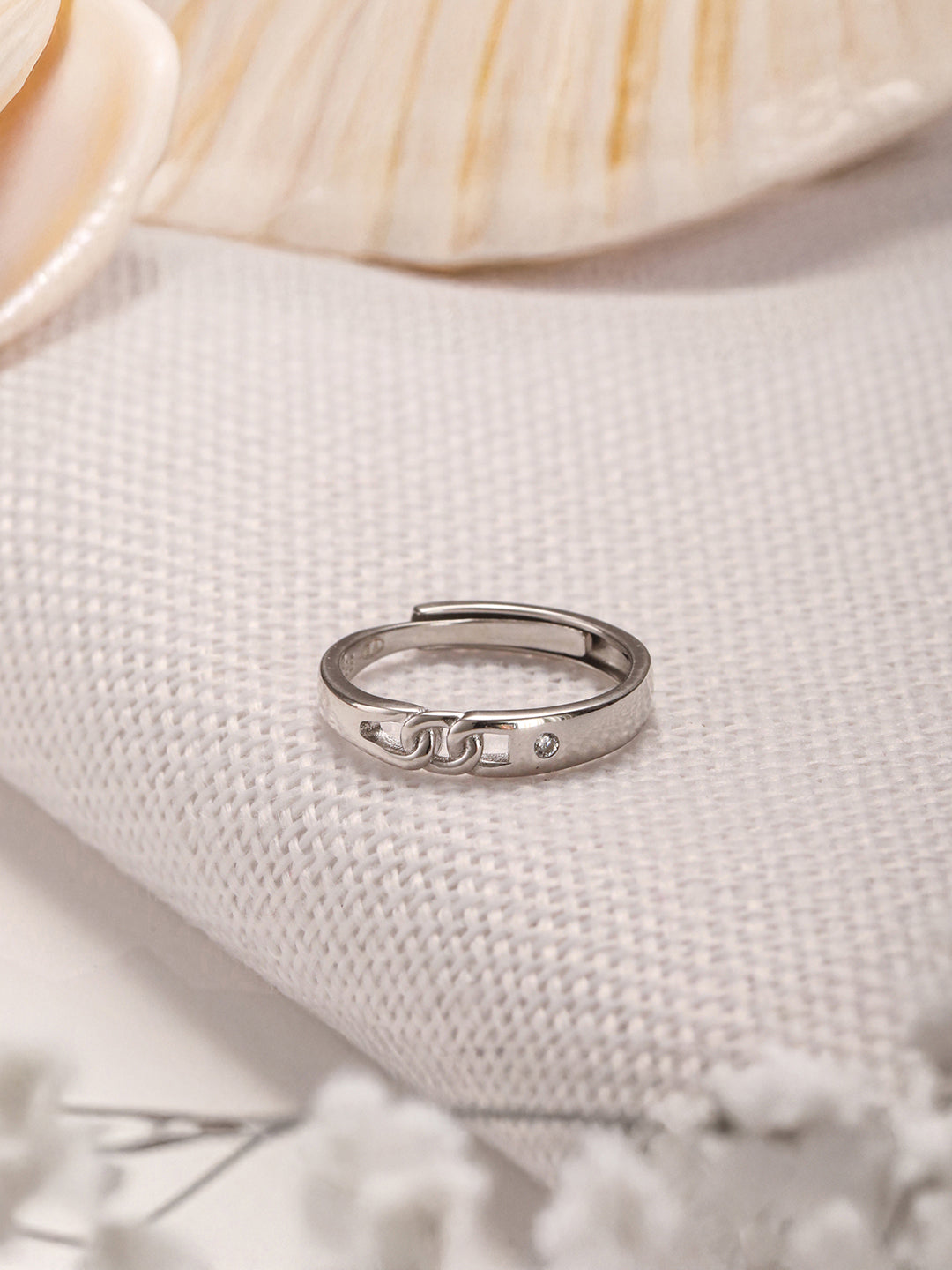 925 Sterling Silver Rhodium Plated Minimal Link love Adjustable Finger Band Ring