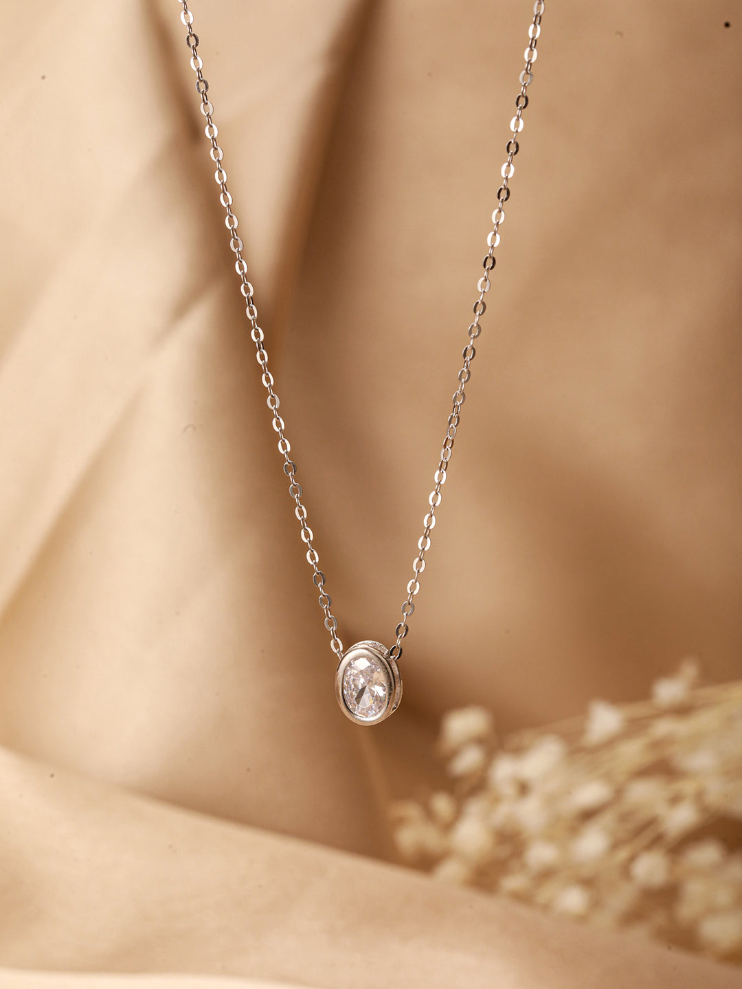 925 Sterlling Silver CZ Studded Oval AD Solitaire Pendant Necklace & Chain