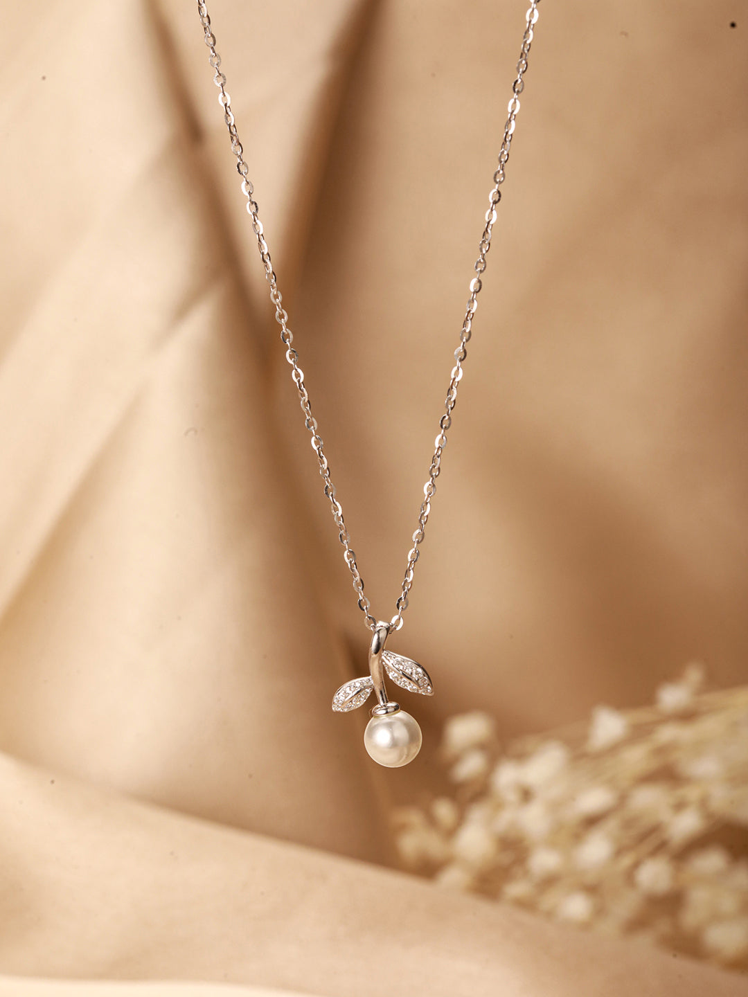 925 Sterling Silver Rose Gold Plated CZ & Pearl Beaded Leafy Minimal Pendant Necklace & Chain