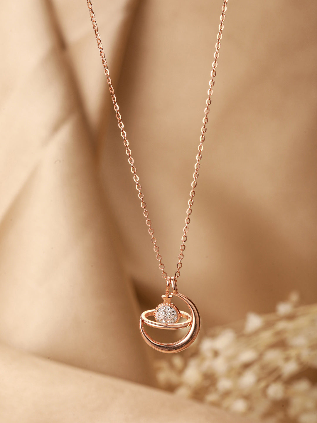 925 Sterling Silver Rose Gold  Plated CZ Studded Minimal Orbit Pendant Necklace & Chain