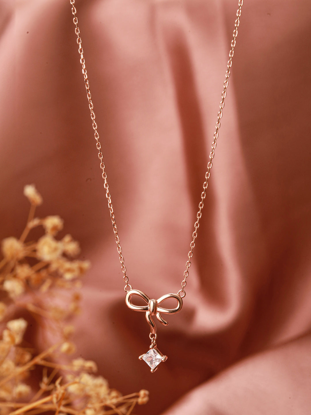 925 Sterling Silver Rose Gold AD Studded Minimal Bow Designer  Pendant Necklace & Chain