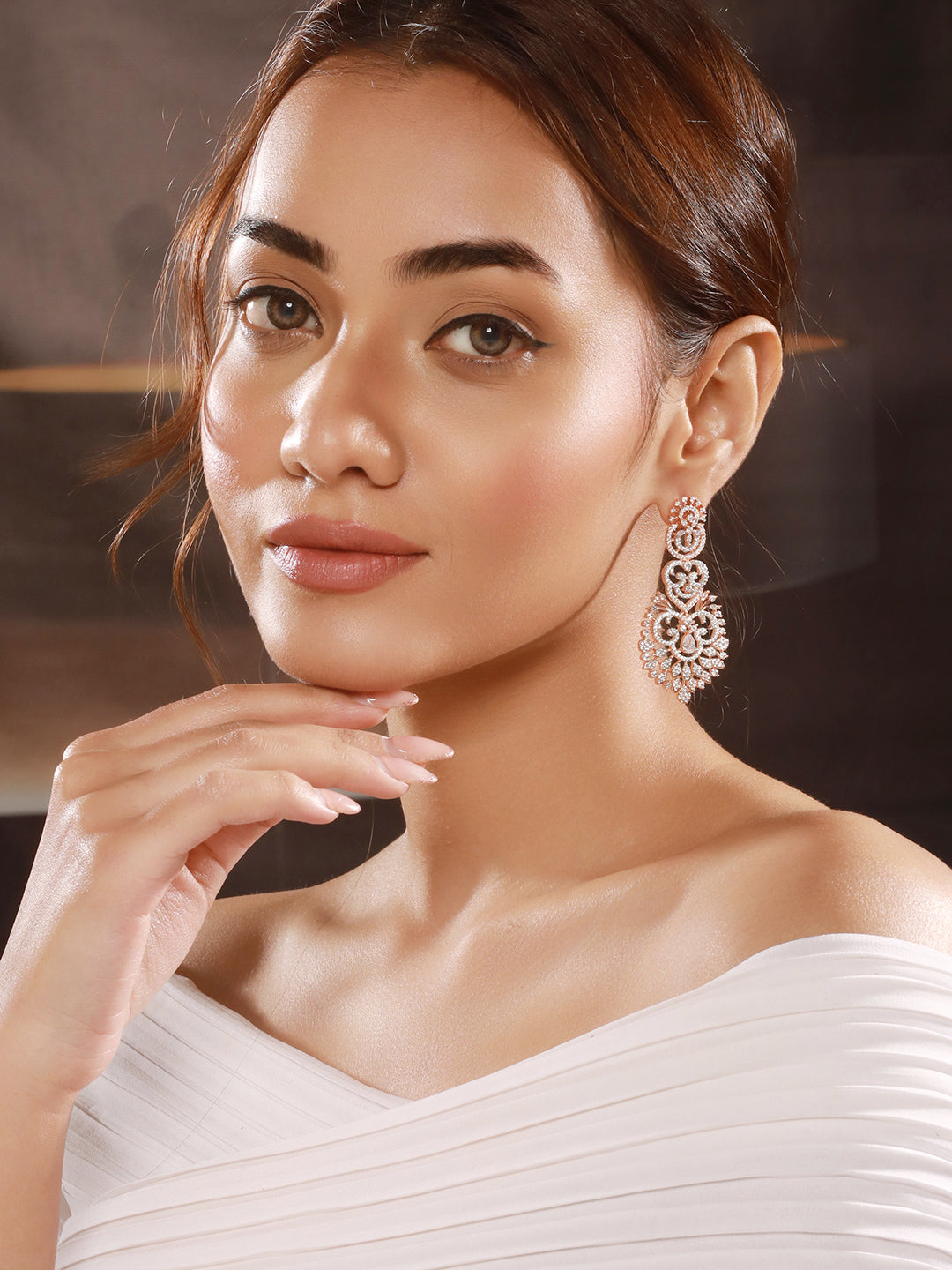 Rose Gold Toned Cubic Zircon Studded Designer Floral Dangler Earrings