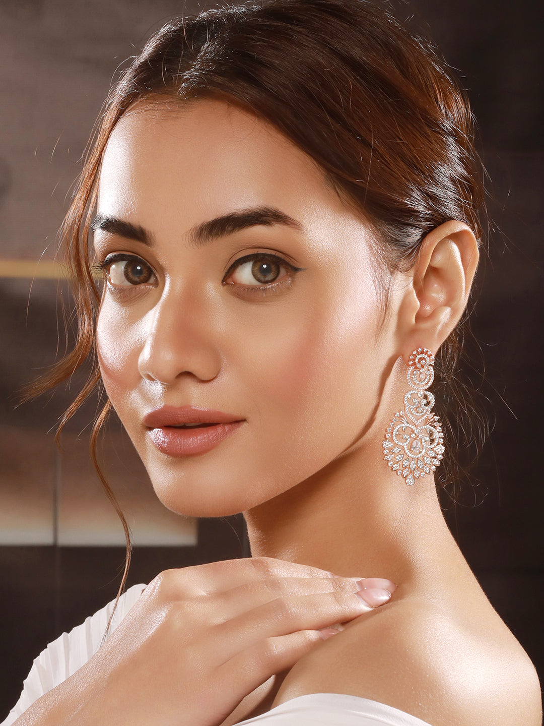 Rose Gold Toned Cubic Zircon Studded Designer Floral Dangler Earrings