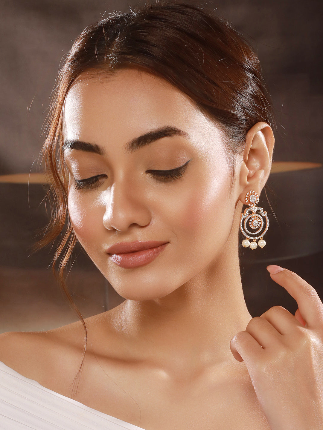 Gold Toned Cubic Zirconia & Pearl Beaded  Designer  Chandelier Chandbali Drop Earrings