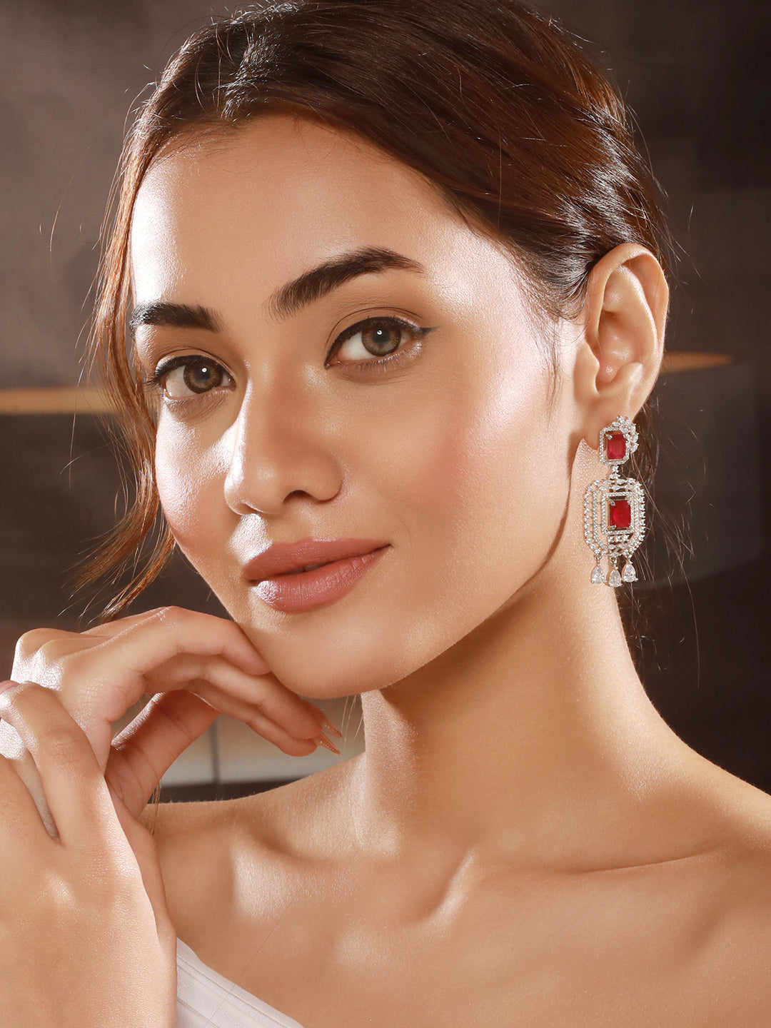 Silver Toned  Red Ruby Studded Elegant Cocktail Drop Earrings