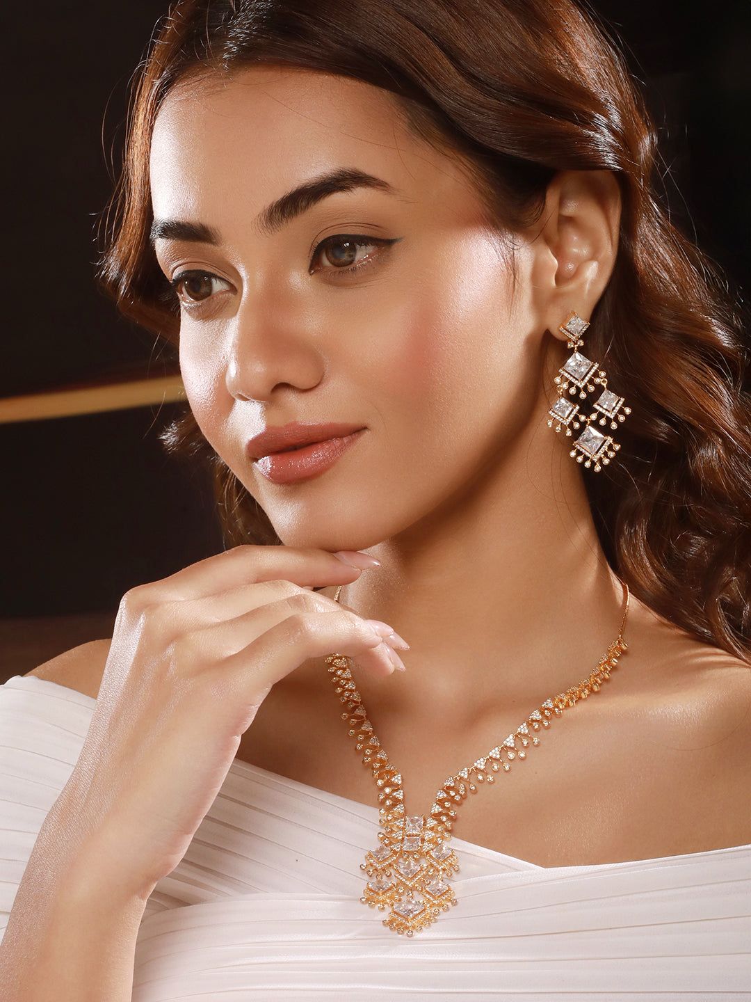 Gold Toned Cubic Zirconia Studded Designer  Chandelier  Statement Necklace Jewellery Set