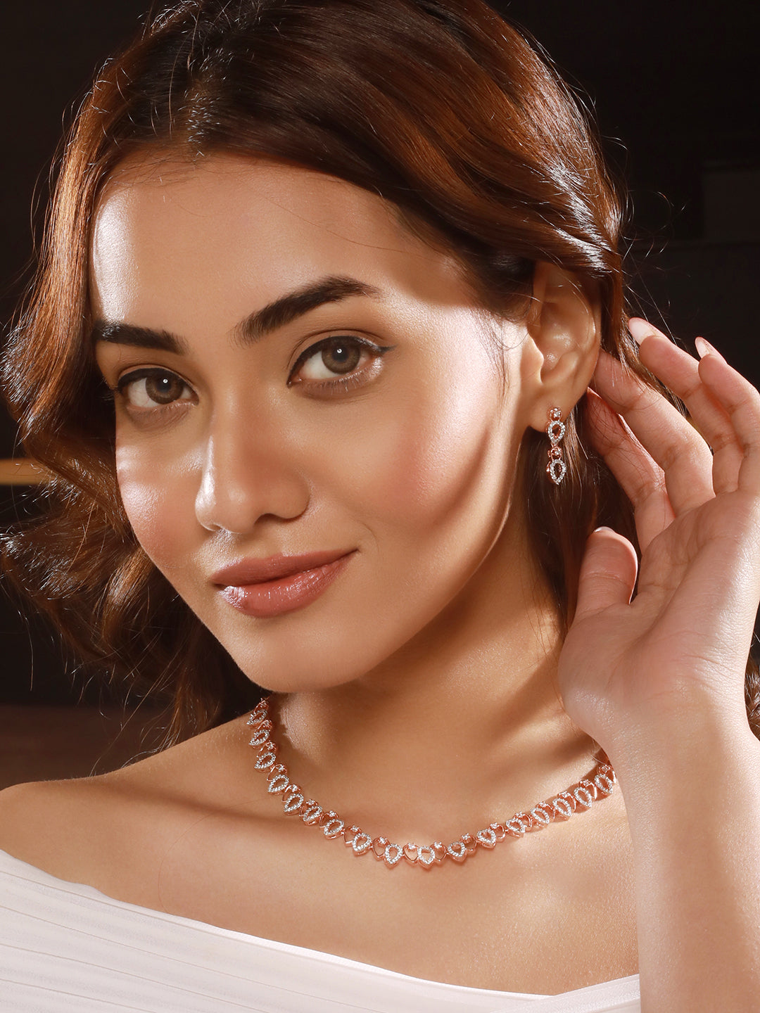 Rose Gold Toned Cubic Zircon Studded Pear Shaped Minimal Jewellery Set