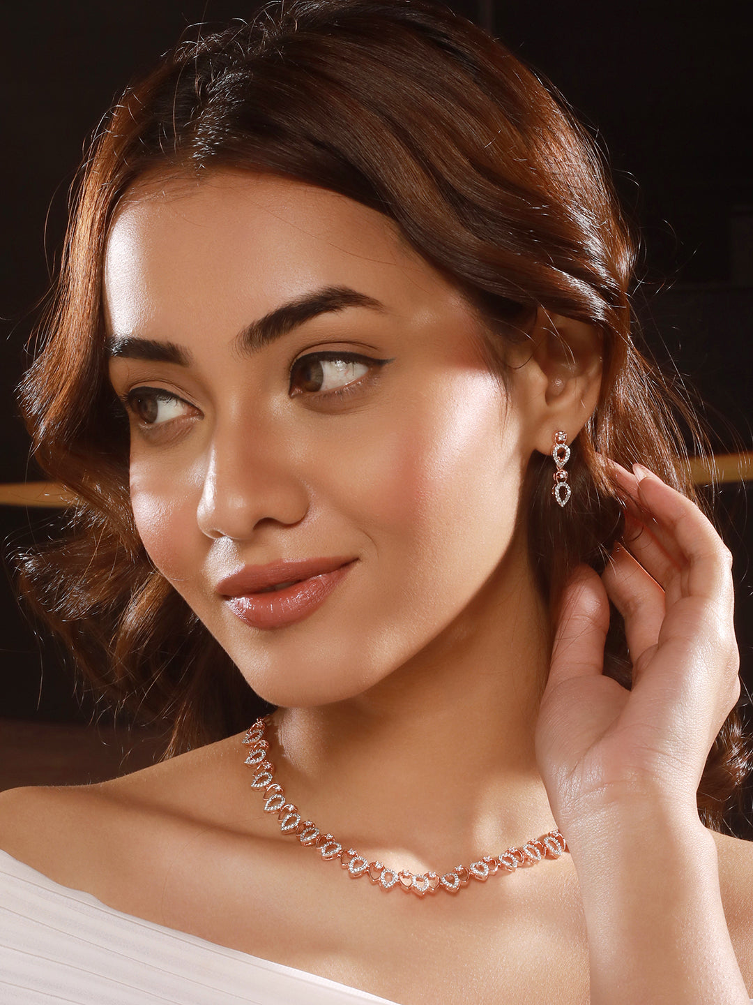 Rose Gold Toned Cubic Zircon Studded Pear Shaped Minimal Jewellery Set