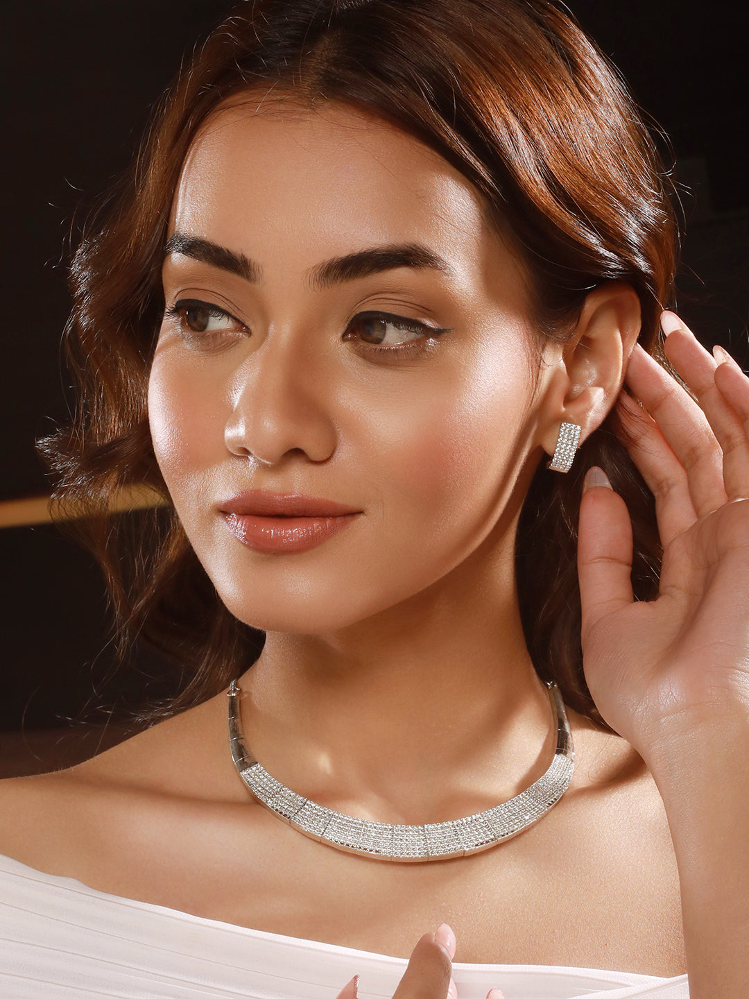 Silver Toned Zircon Studded Statement Collar Necklace Jewellery Set