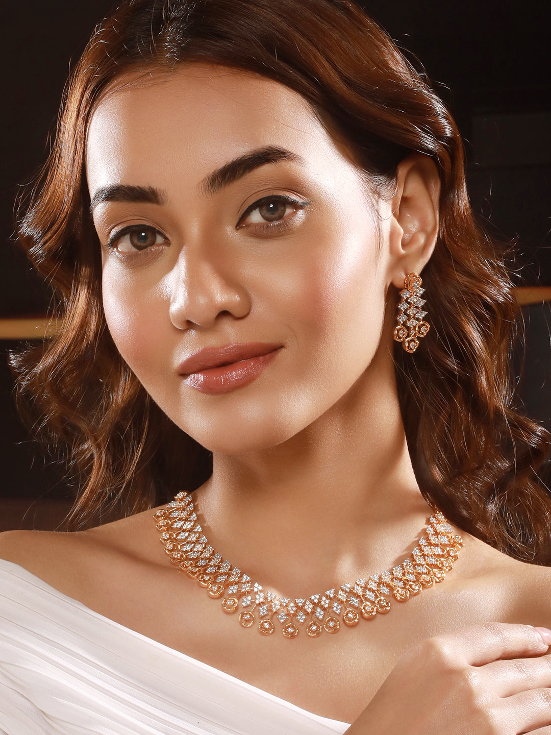 Gold Dual Toned C Zircon Studded Statement Geometric Partywear Necklace Jewellery Set