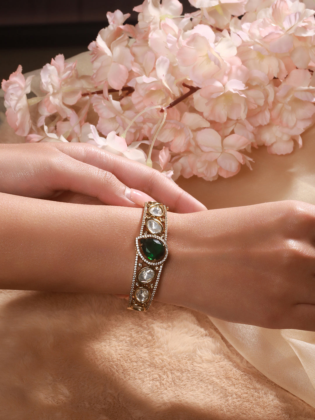 Gold Polish Green Emerald Kundan Mossanaite Studded Tilak Shaped Openable Kada Bracelet