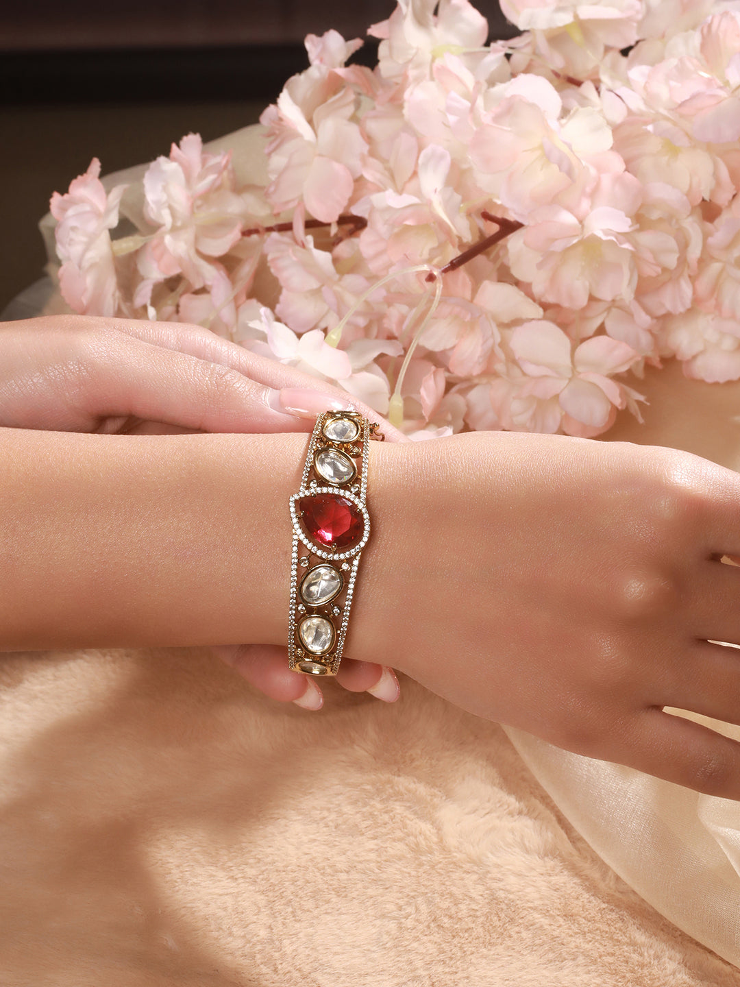 Gold Polish Ruby Red Kundan Mossanaite Tilak Shaped Openable Kada Bracelet