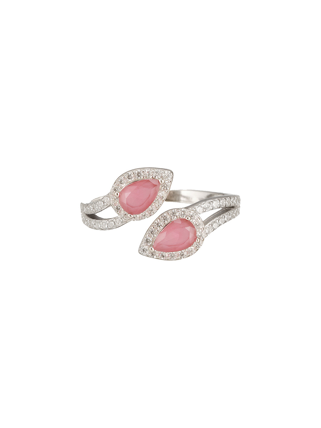 925 Sterling Silver Rhodium Plated Pink AD Studded  Contemporary Adjustable  Finger Ring For Her