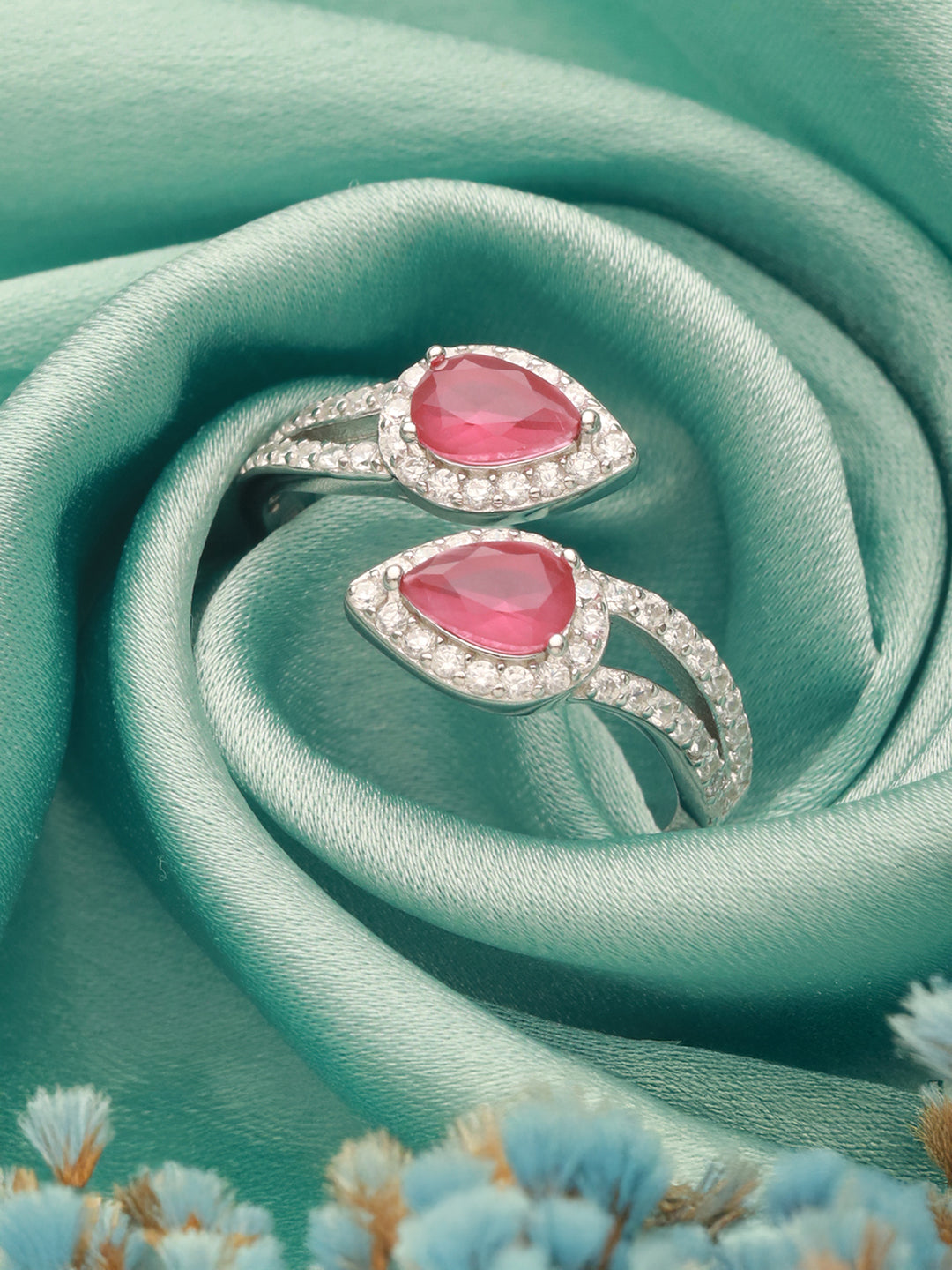 925 Sterling Silver Rhodium Plated Pink AD Studded  Contemporary Adjustable  Finger Ring For Her