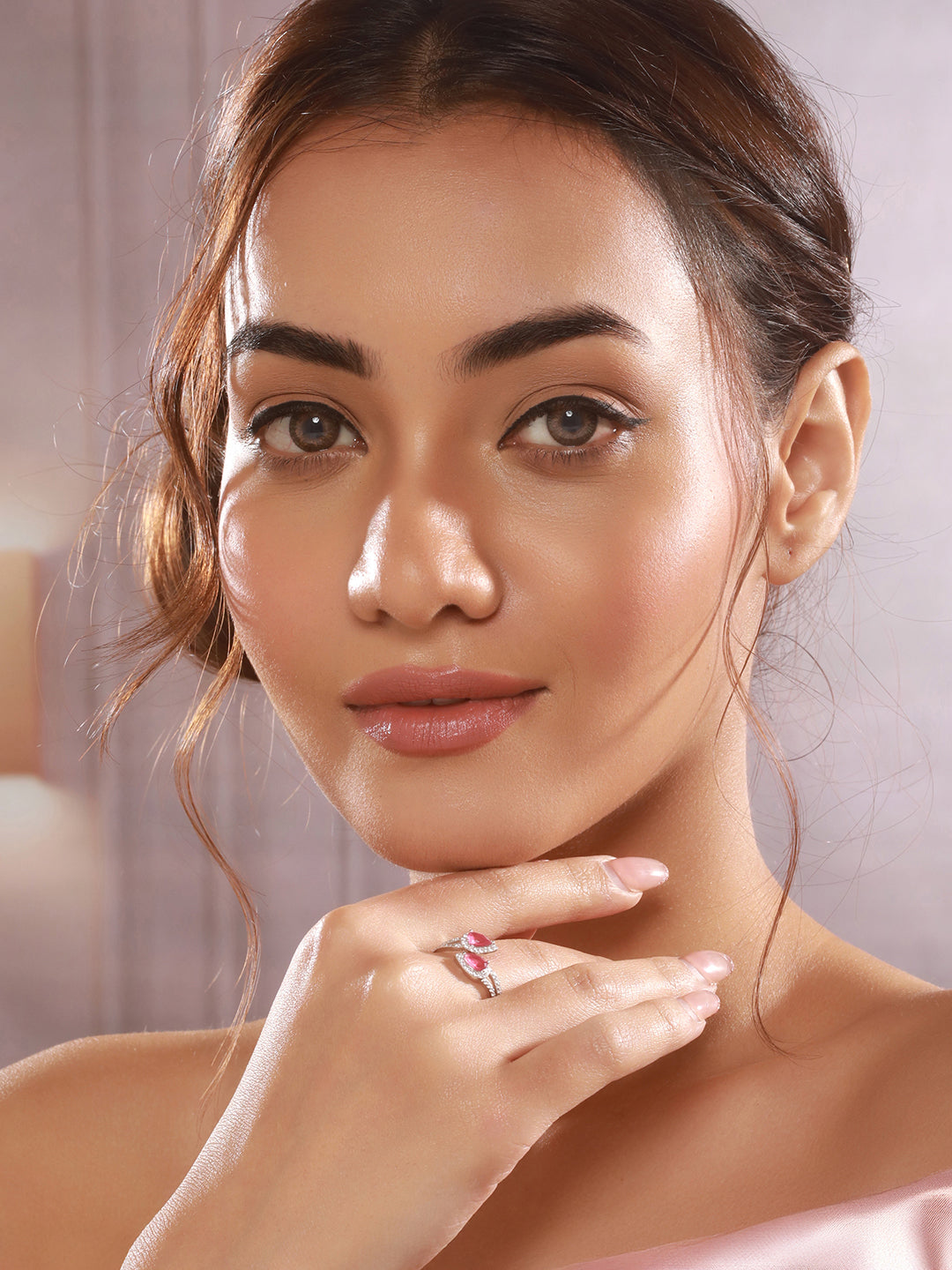 925 Sterling Silver Rhodium Plated Pink AD Studded  Contemporary Adjustable  Finger Ring For Her