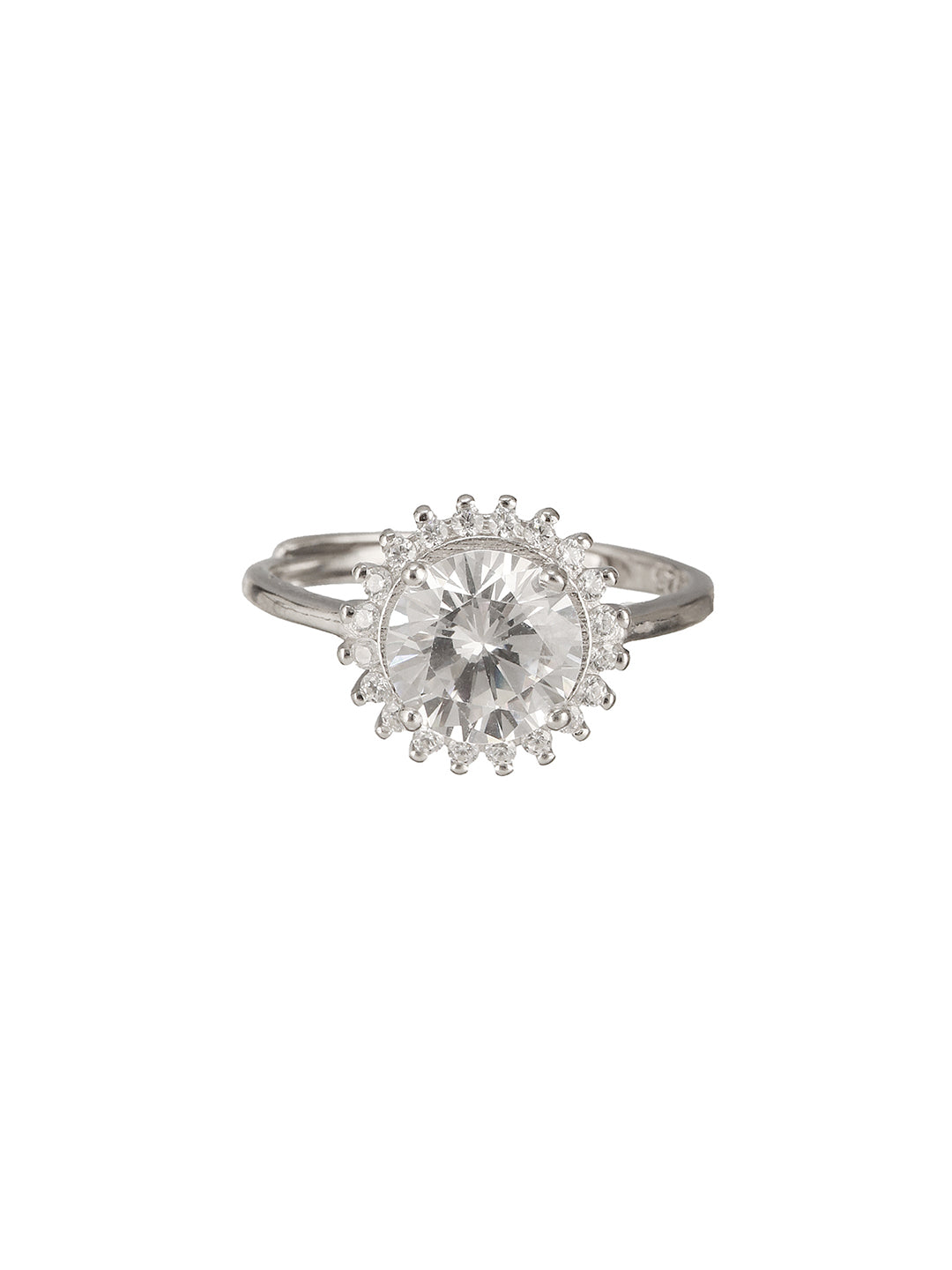 925 Sterling Silver Rhodium Plated Zircon Studded Floral Contemporary Adjustable Finger Ring