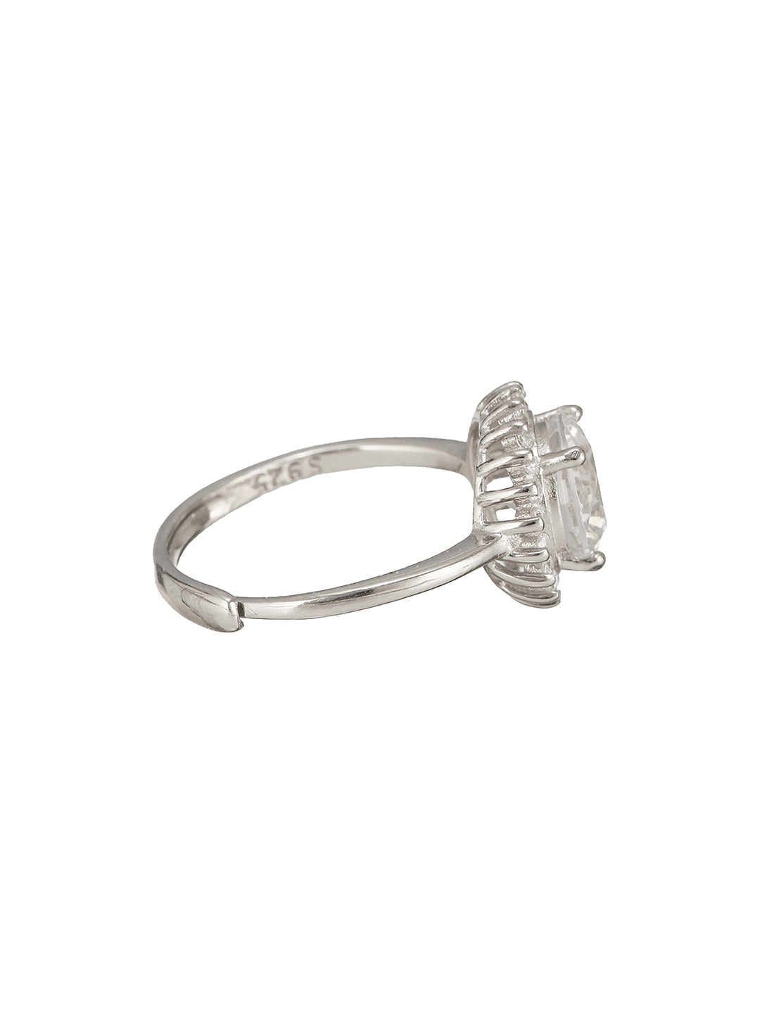 925 Sterling Silver Rhodium Plated Zircon Studded Floral Contemporary Adjustable Finger Ring