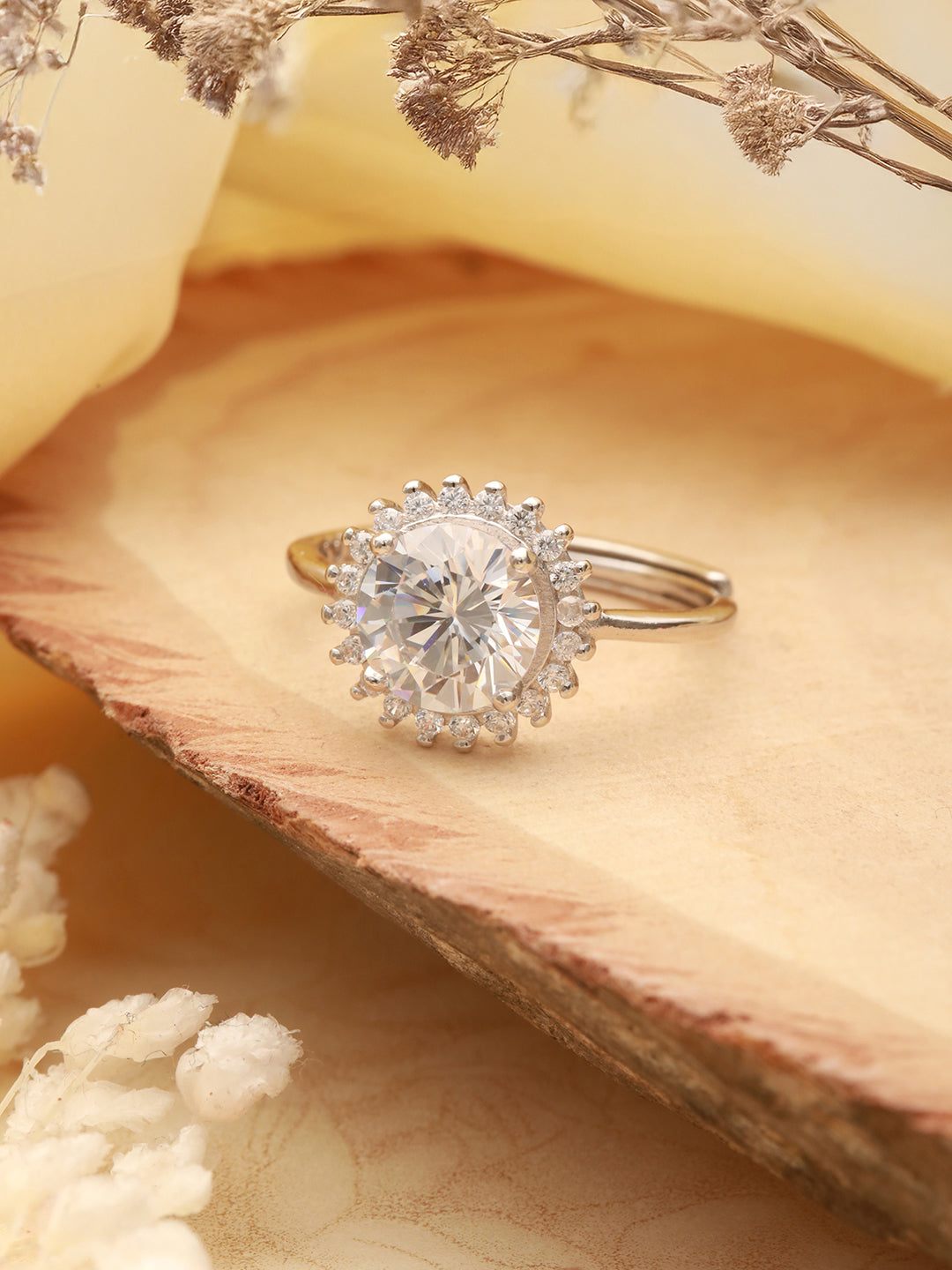 925 Sterling Silver Rhodium Plated Zircon Studded Floral Contemporary Adjustable Finger Ring