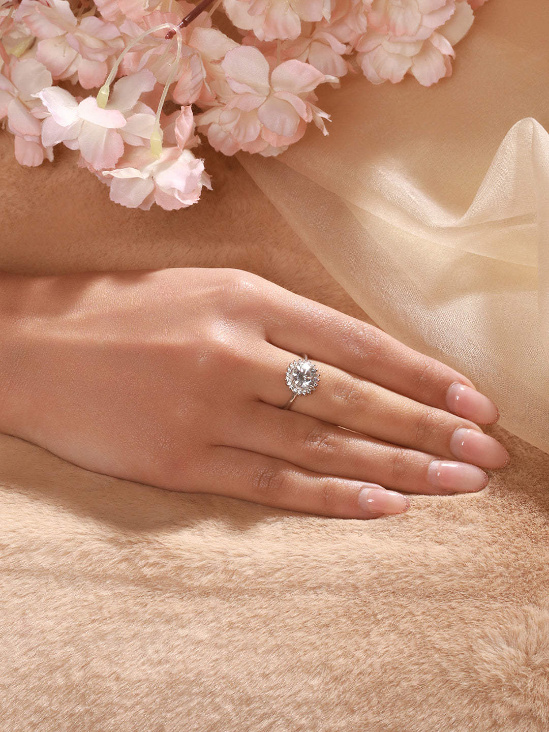 925 Sterling Silver Rhodium Plated Zircon Studded Floral Contemporary Adjustable Finger Ring