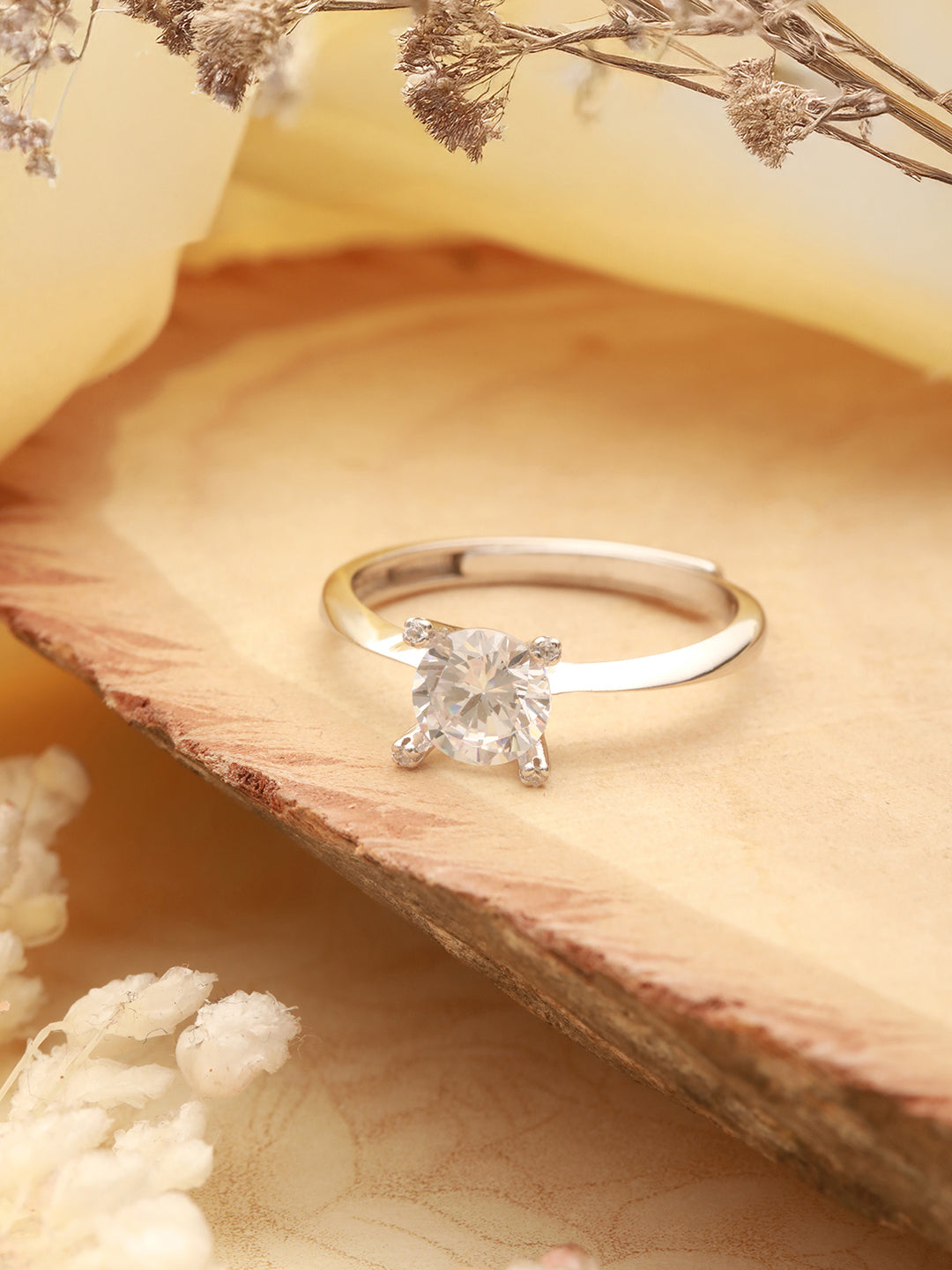 925 Sterling Silver Zircon Studded Solitaire Minimal Engagement Adjustable Finger Ring