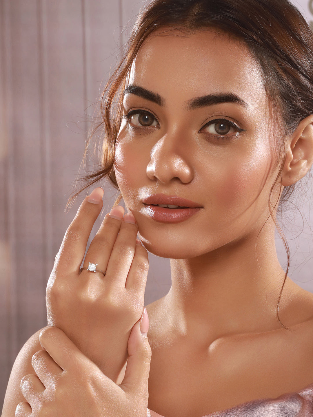 925 Sterling Silver Zircon Studded Solitaire Minimal Engagement Adjustable Finger Ring