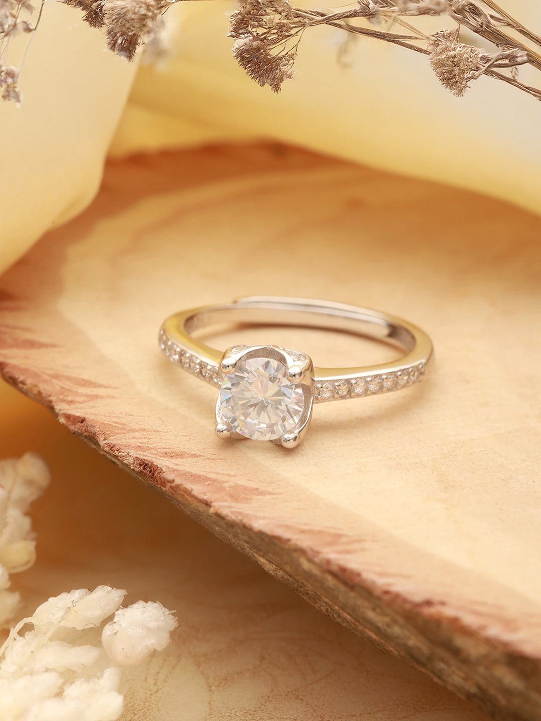 925 Sterling Silver Rhodiu Plated Zircon Studded Solitaire Engagement Adustable Finger Rings