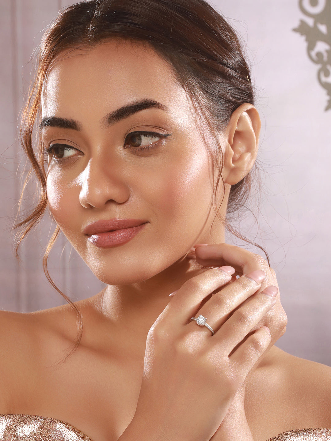 925 Sterling Silver Rhodiu Plated Zircon Studded Solitaire Engagement Adustable Finger Rings