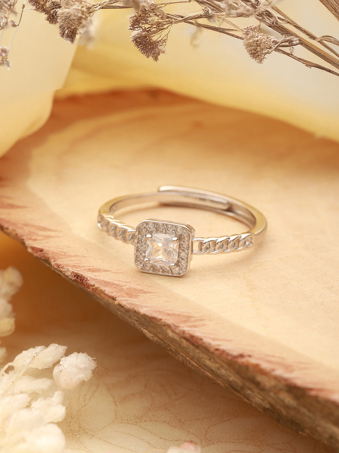 925 Sterling Silver Cushion Cut Zircon Promise Engagement Adjustable Finger Ring