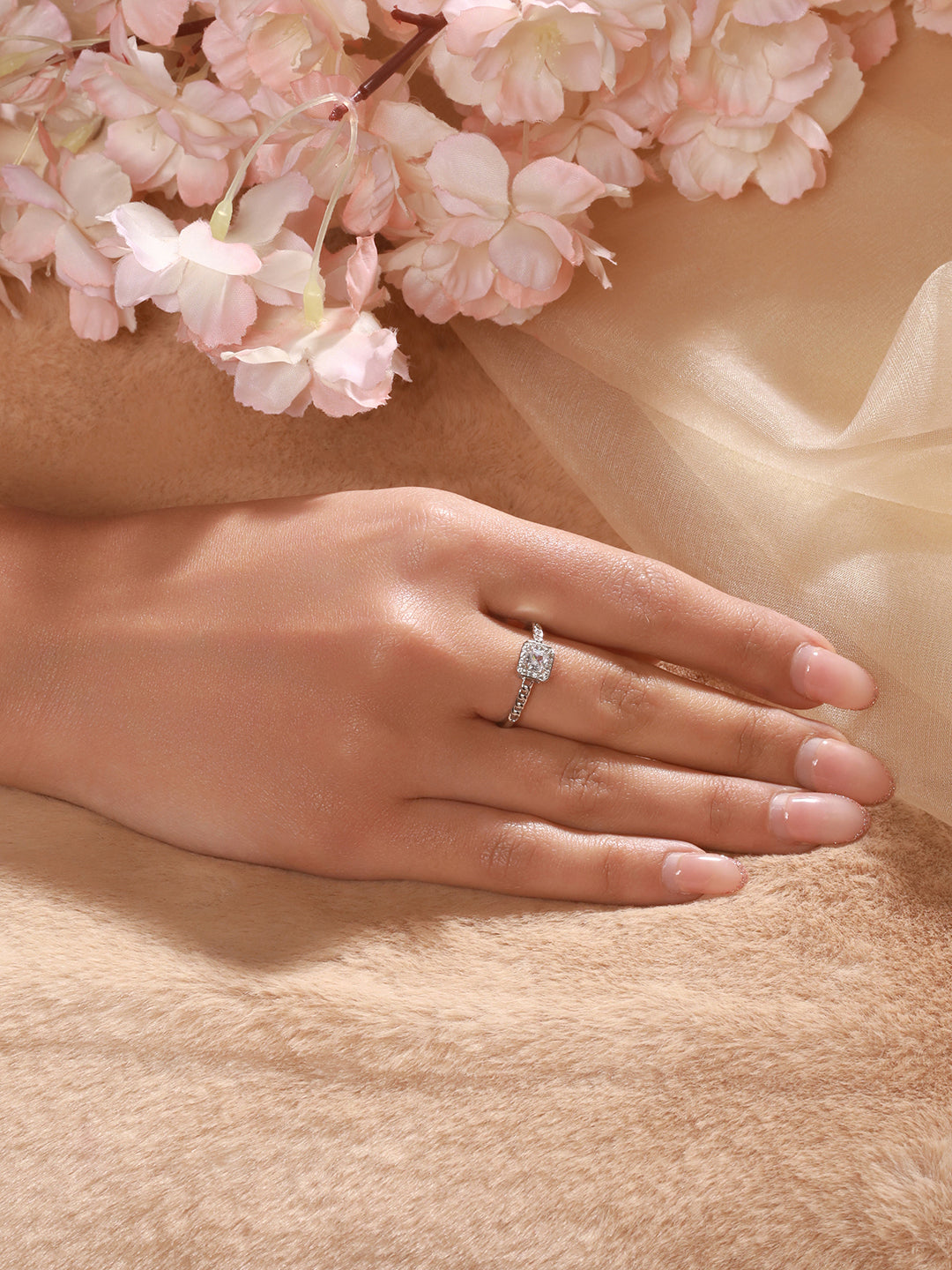 925 Sterling Silver Cushion Cut Zircon Promise Engagement Adjustable Finger Ring