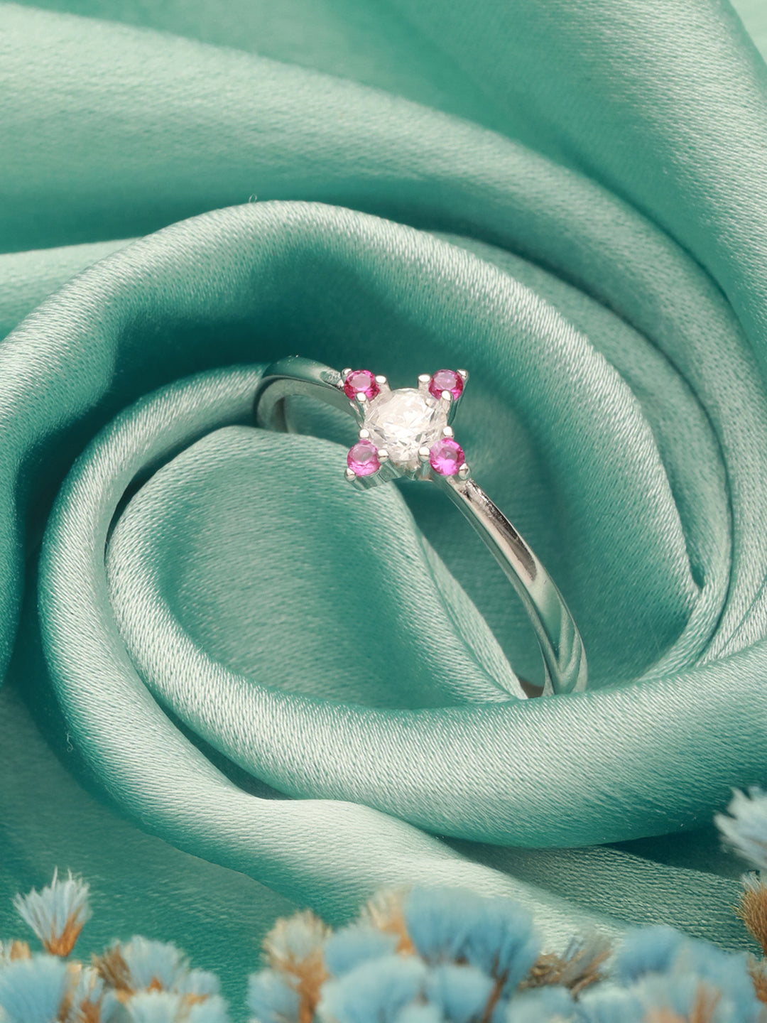 925 Silver Pink AD Studded Engagement Adjustable Finger Ring