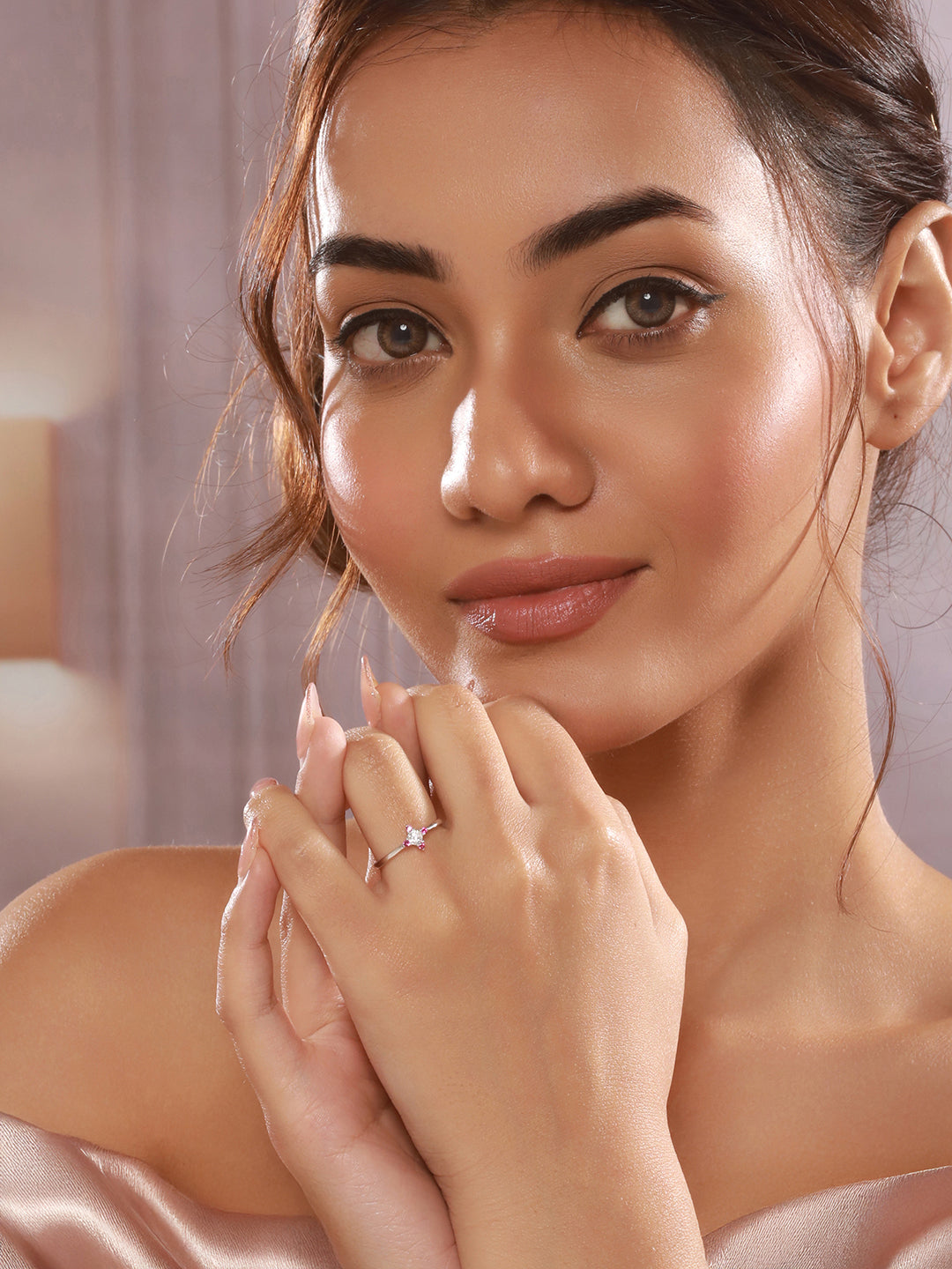 925 Silver Pink AD Studded Engagement Adjustable Finger Ring