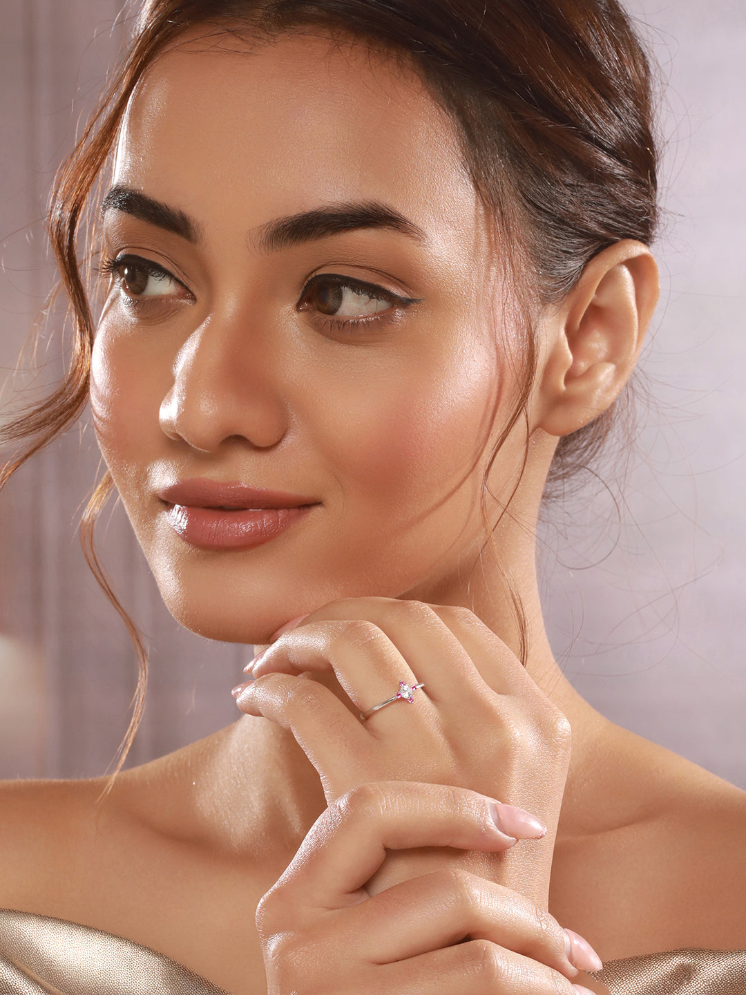 925 Silver Pink AD Studded Engagement Adjustable Finger Ring