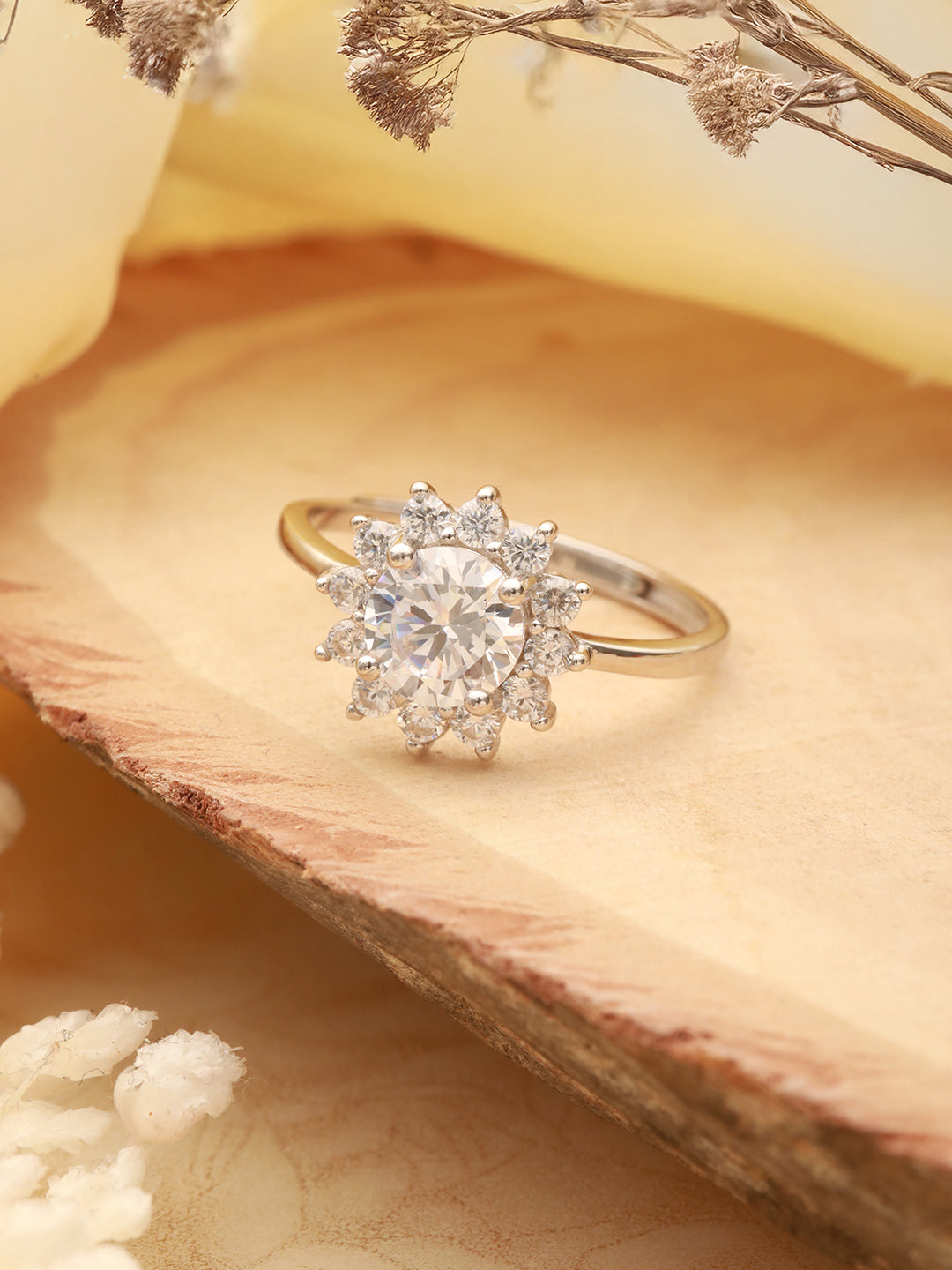 925 Sterling Silver Zircon Studded Floral Engament Minimal Adjustable Finger Ring