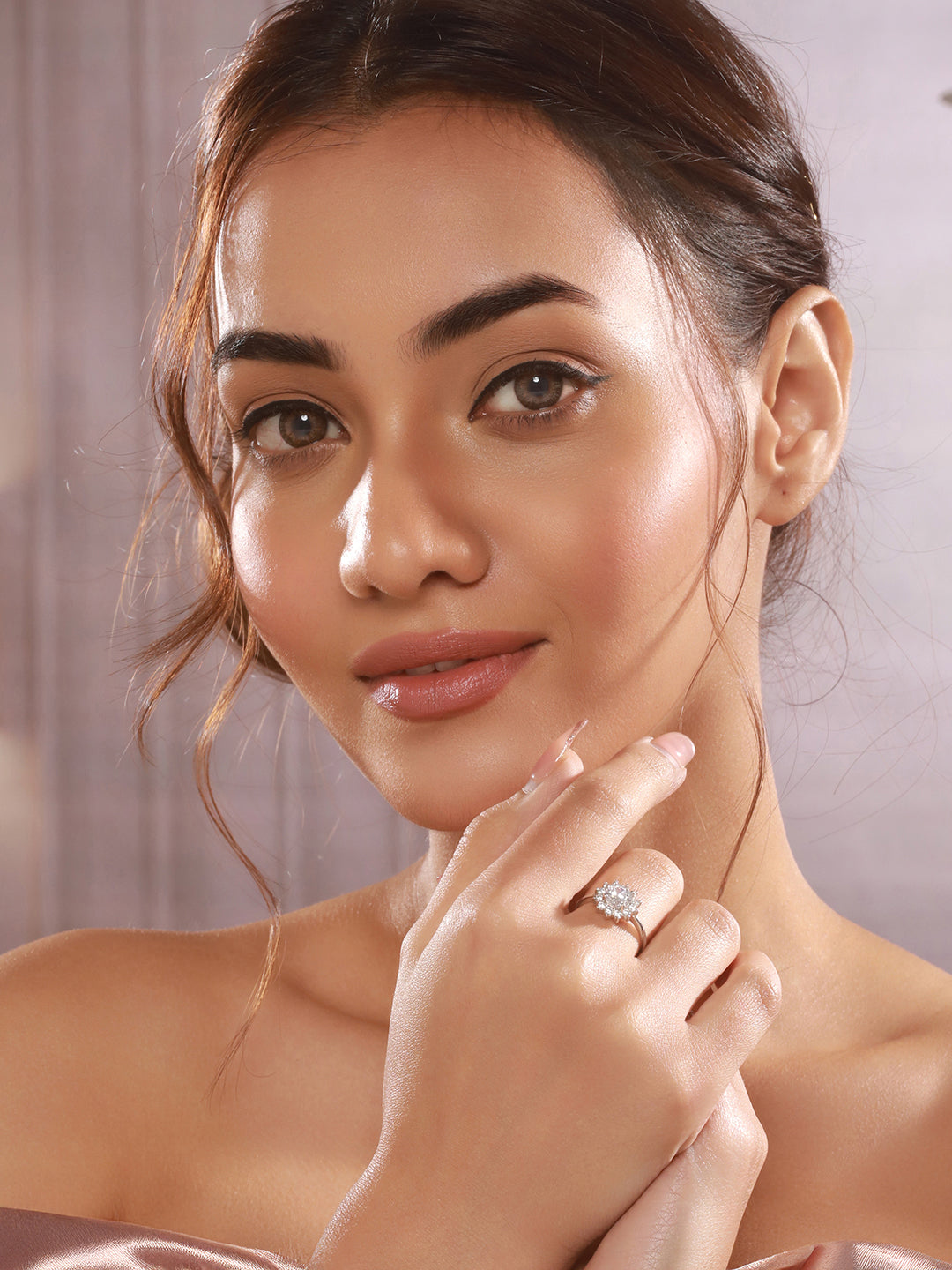 925 Sterling Silver Zircon Studded Floral Engament Minimal Adjustable Finger Ring