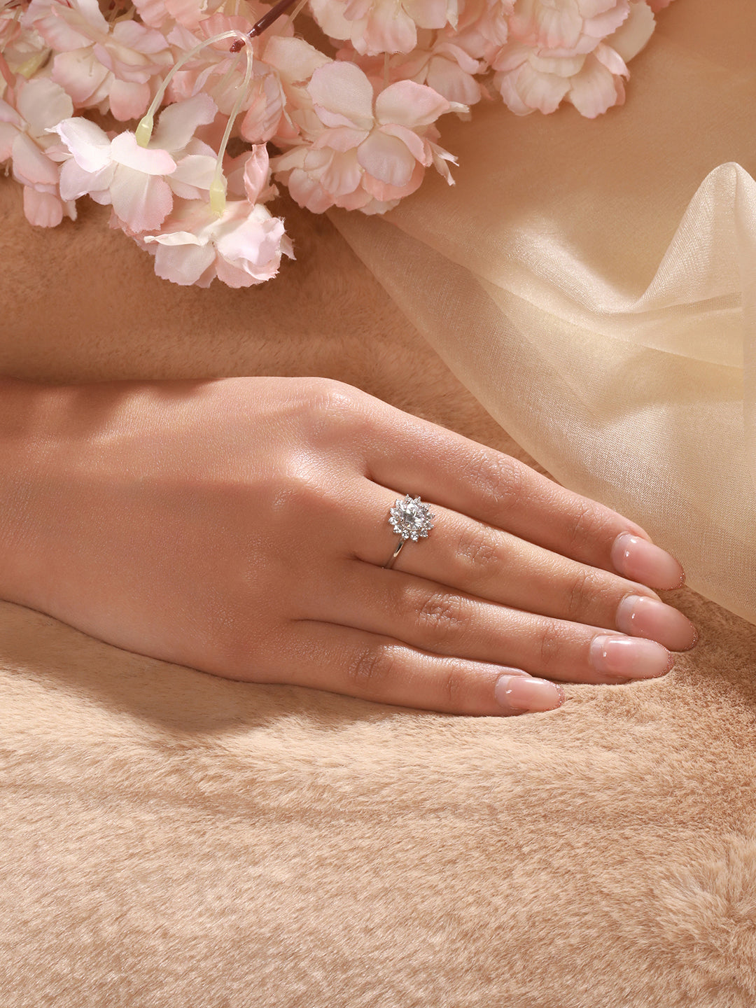 925 Sterling Silver Zircon Studded Floral Engament Minimal Adjustable Finger Ring