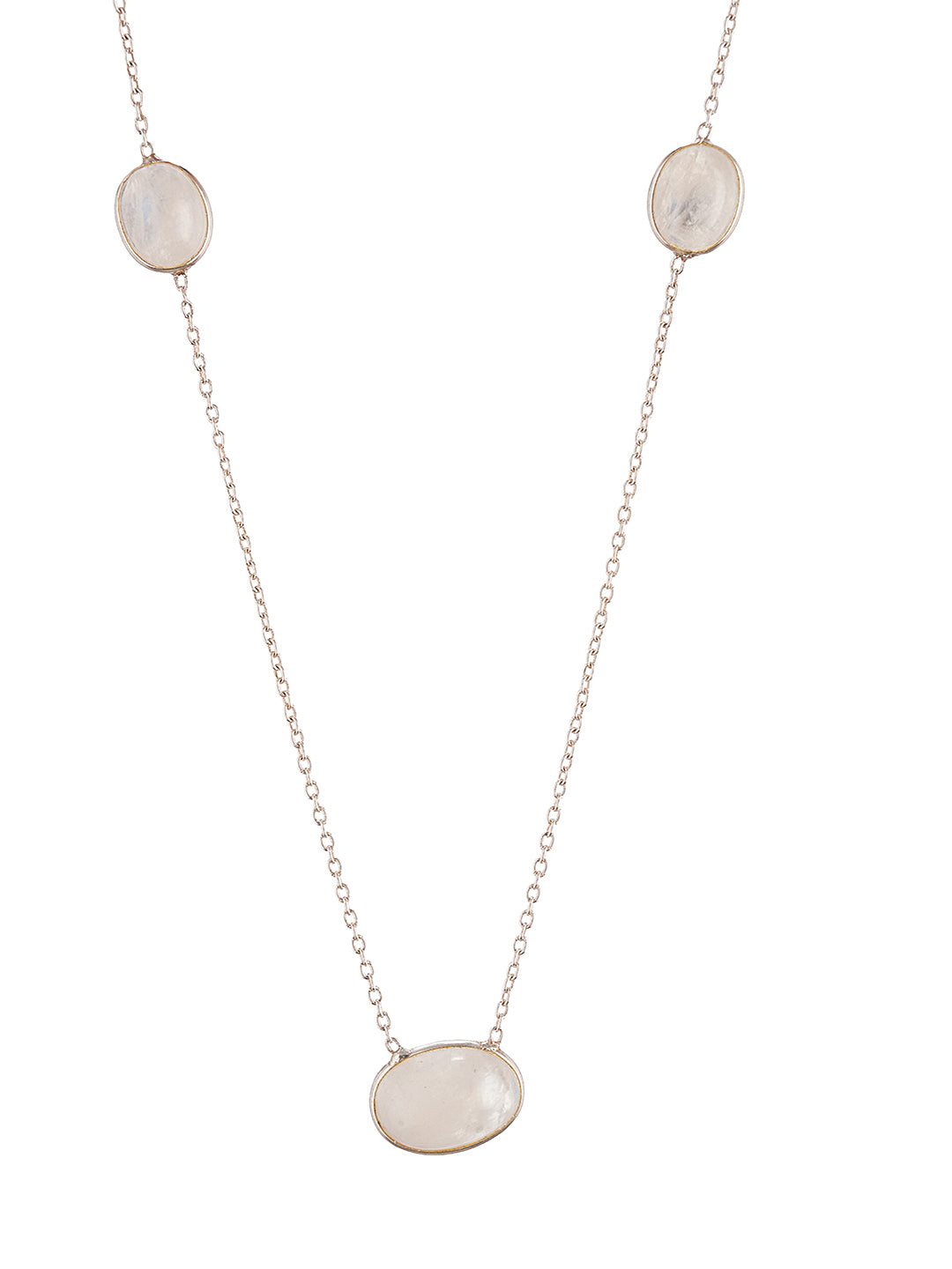 925 Sterling Silver White Moonstone  Gemstone Studded Minimal Boho Necklace & Chain