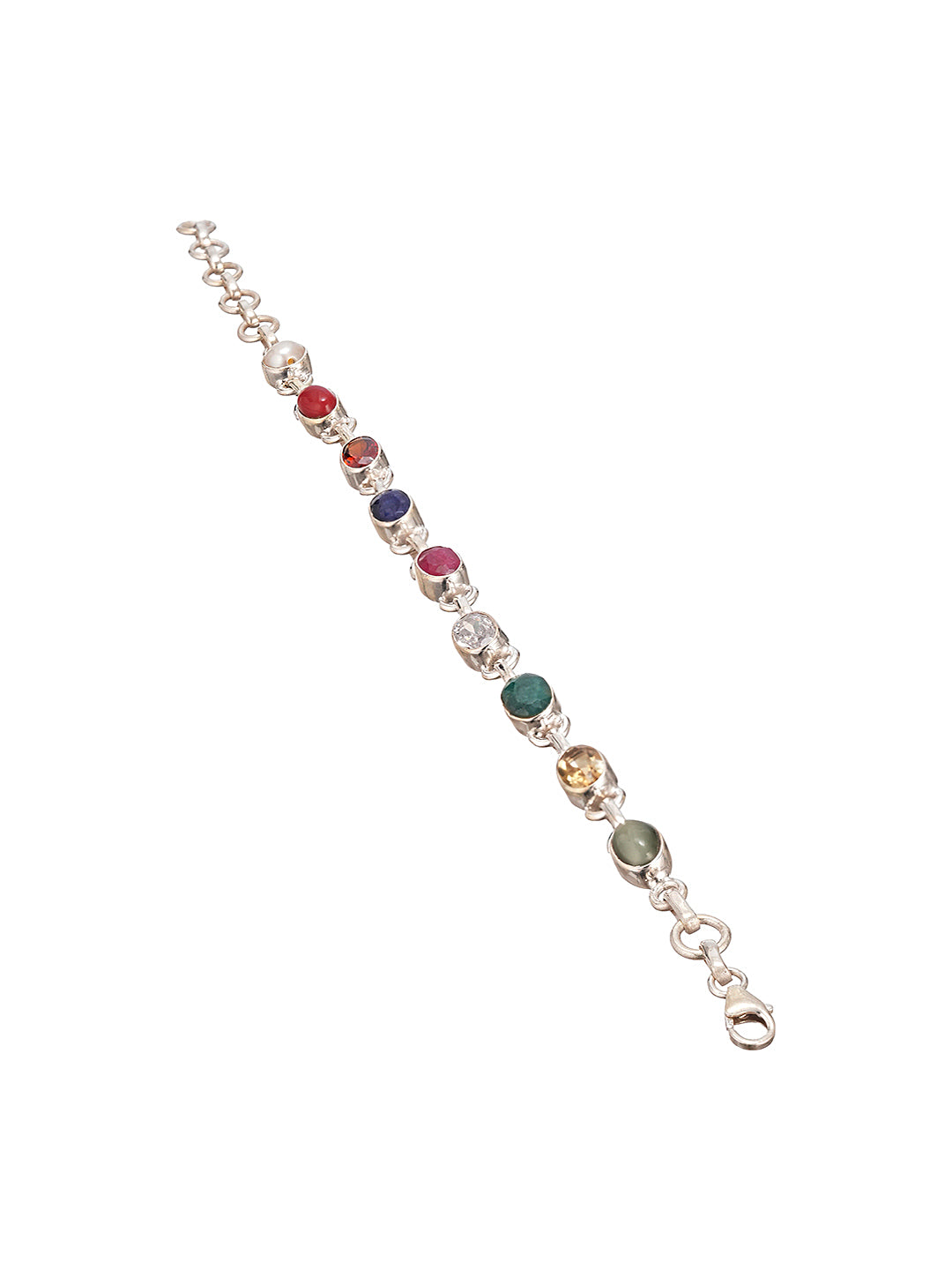 925 Silver Navratna  Natural Gemstones Studded Handmade Minimal Delicate Charms Adjustable Bracelet