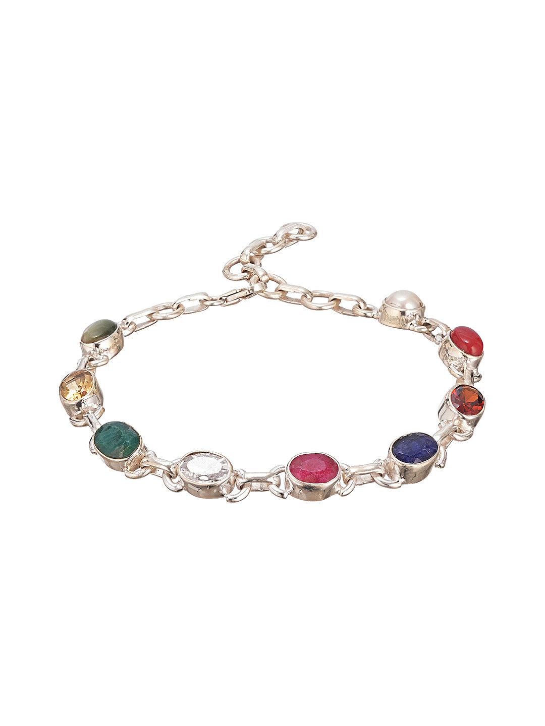 925 Silver Navratna  Natural Gemstones Studded Handmade Minimal Delicate Charms Adjustable Bracelet