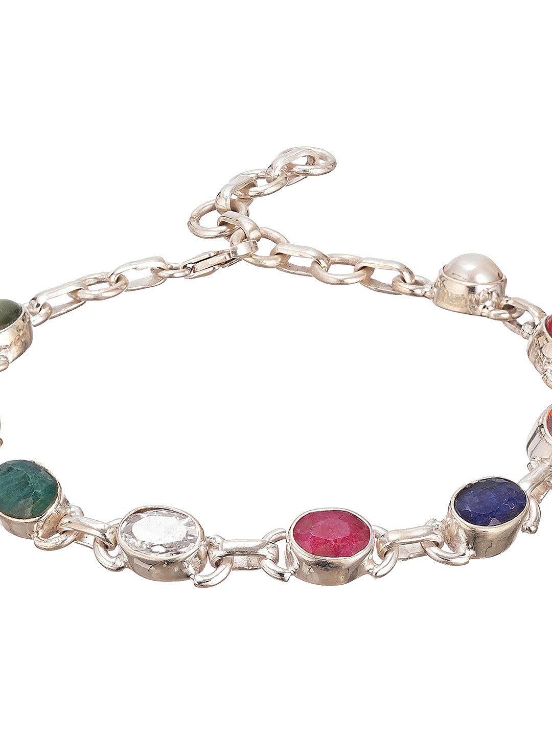 925 Silver Navratna  Natural Gemstones Studded Handmade Minimal Delicate Charms Adjustable Bracelet