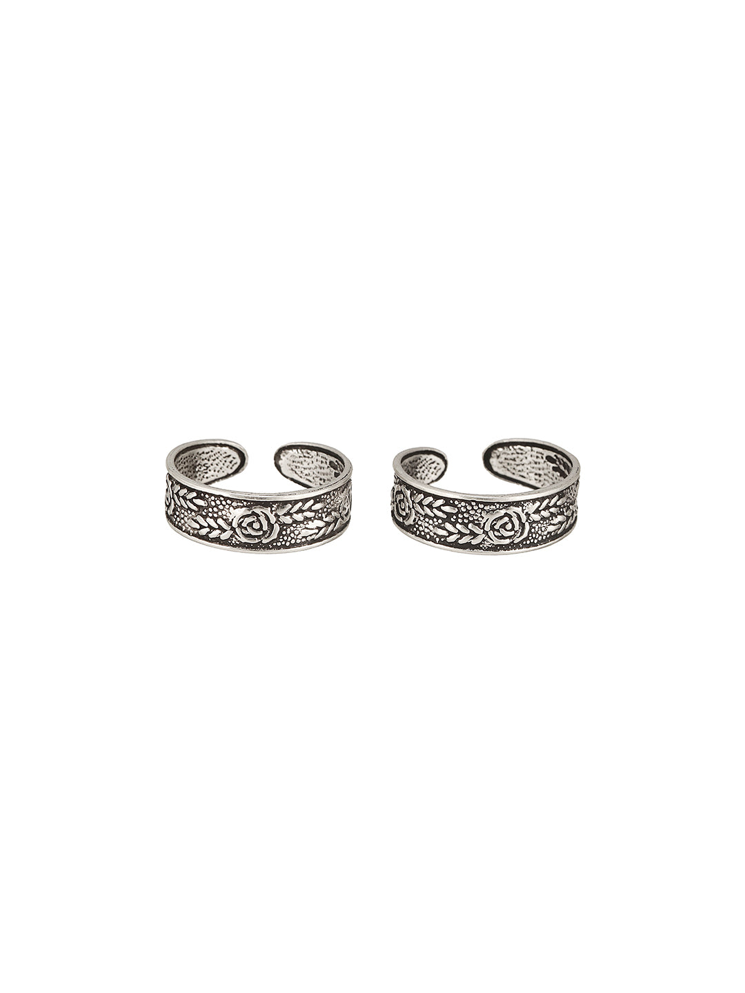 925 Sterling Silver Oxidised  Flower Design Adjustable Pair Of Toe Ring