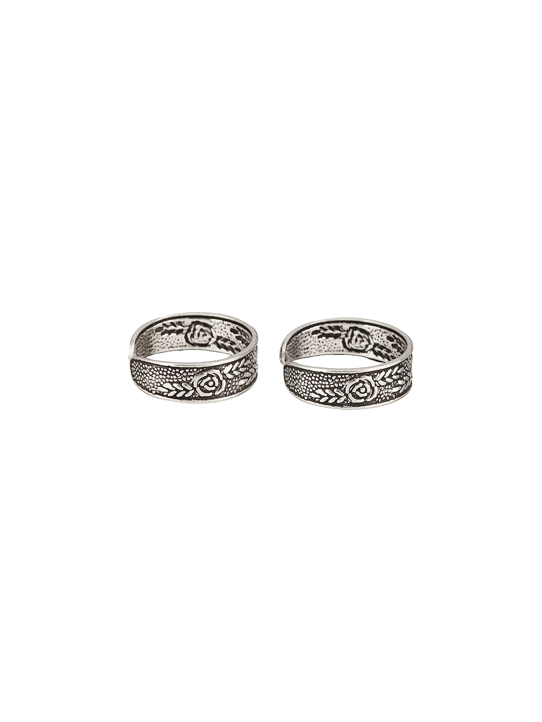 925 Sterling Silver Oxidised  Flower Design Adjustable Pair Of Toe Ring