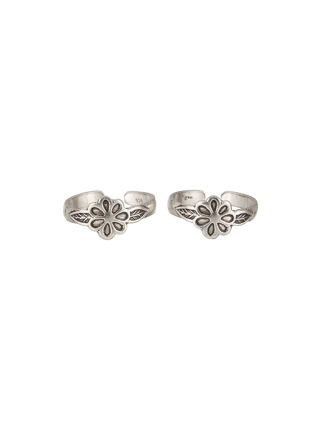 925 Sterling Silver  Oxidised Bloom Flower Design Adjustable Pair Of Toe Ring