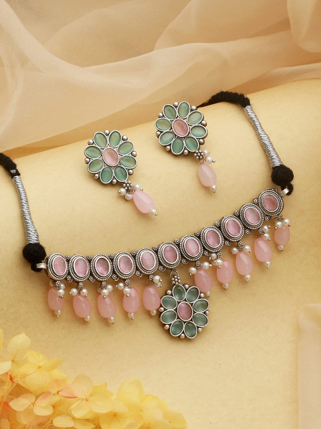 Oxidised Green Stone Studded & Pink Pearl beaded Pendant Jewellery  Set