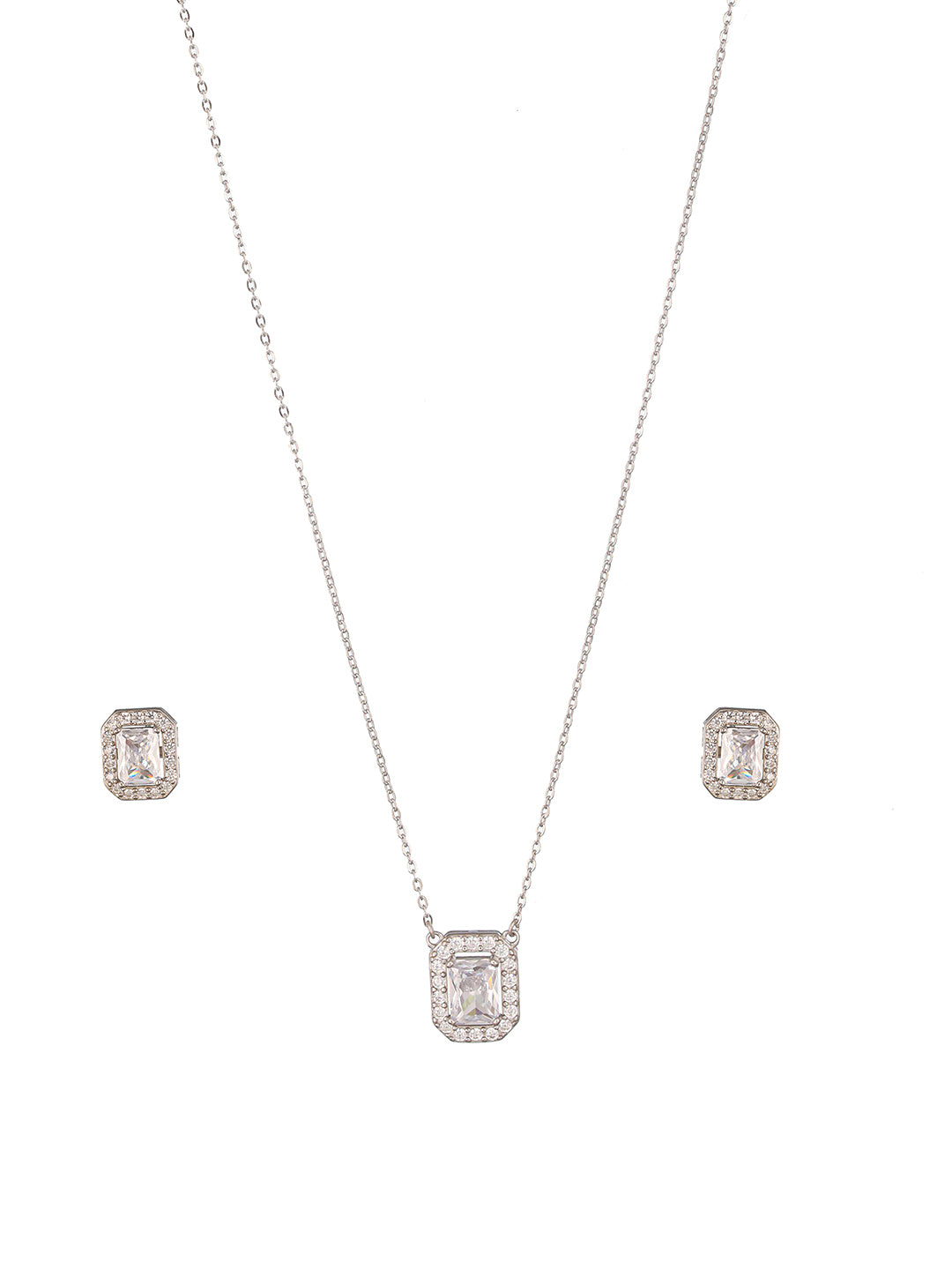 925 Sterling Silver Cz Studded Geometric Halo Solitaire Pendant Jewellery Set