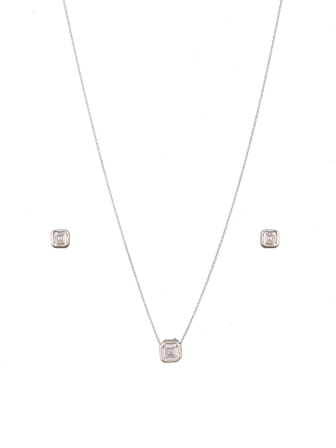 925 Sterling Silver AD Studded Geometric Halo Square Solitaire Locket Jewellery Set