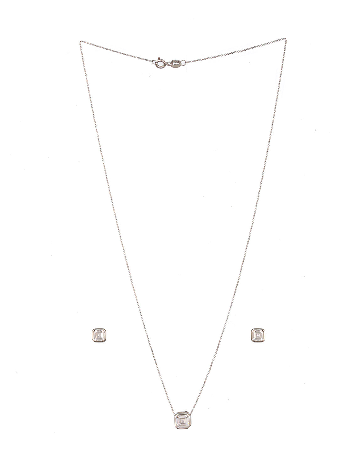 925 Sterling Silver AD Studded Geometric Halo Square Solitaire Locket Jewellery Set